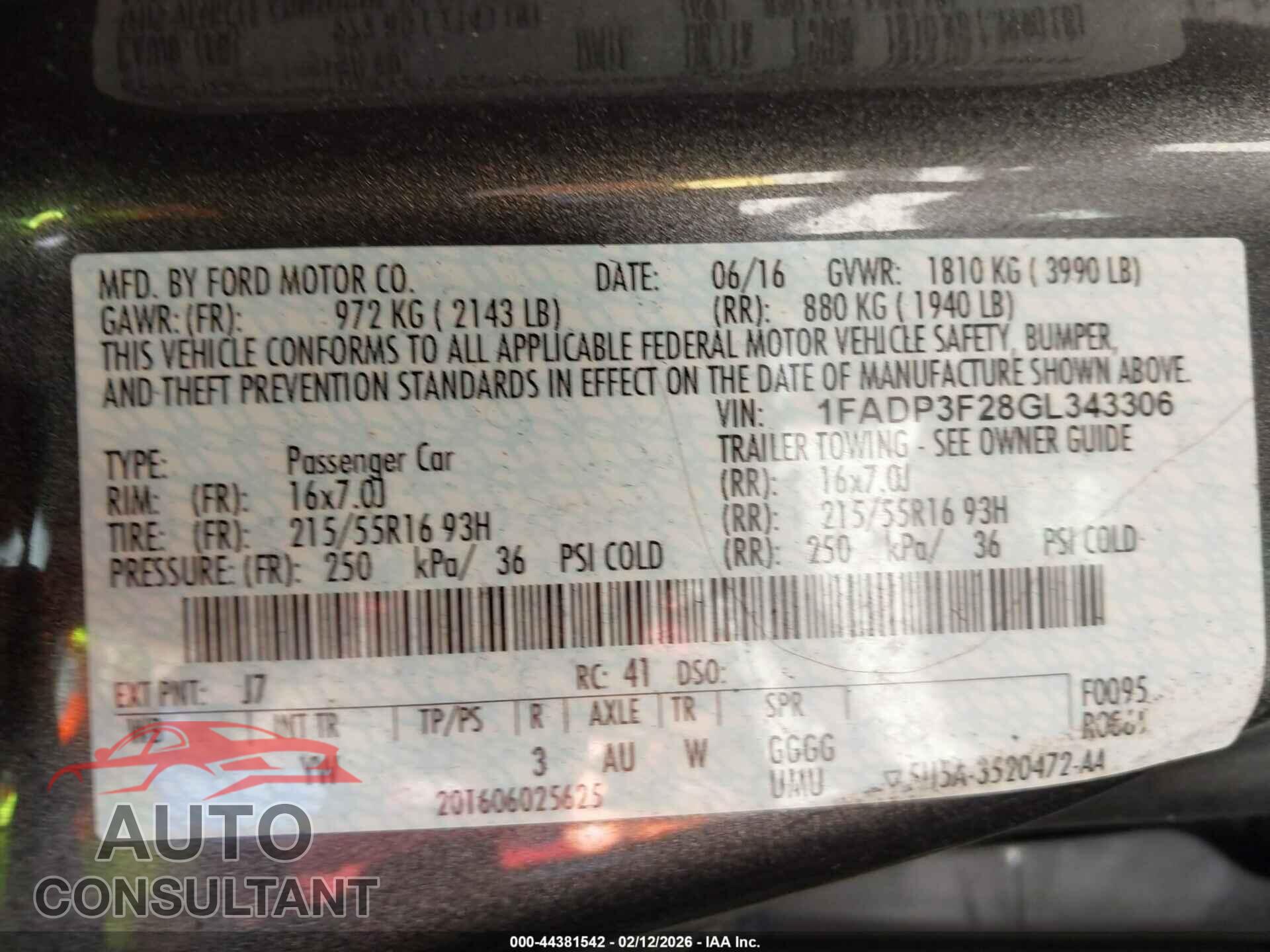 FORD FOCUS 2016 - 1FADP3F28GL343306