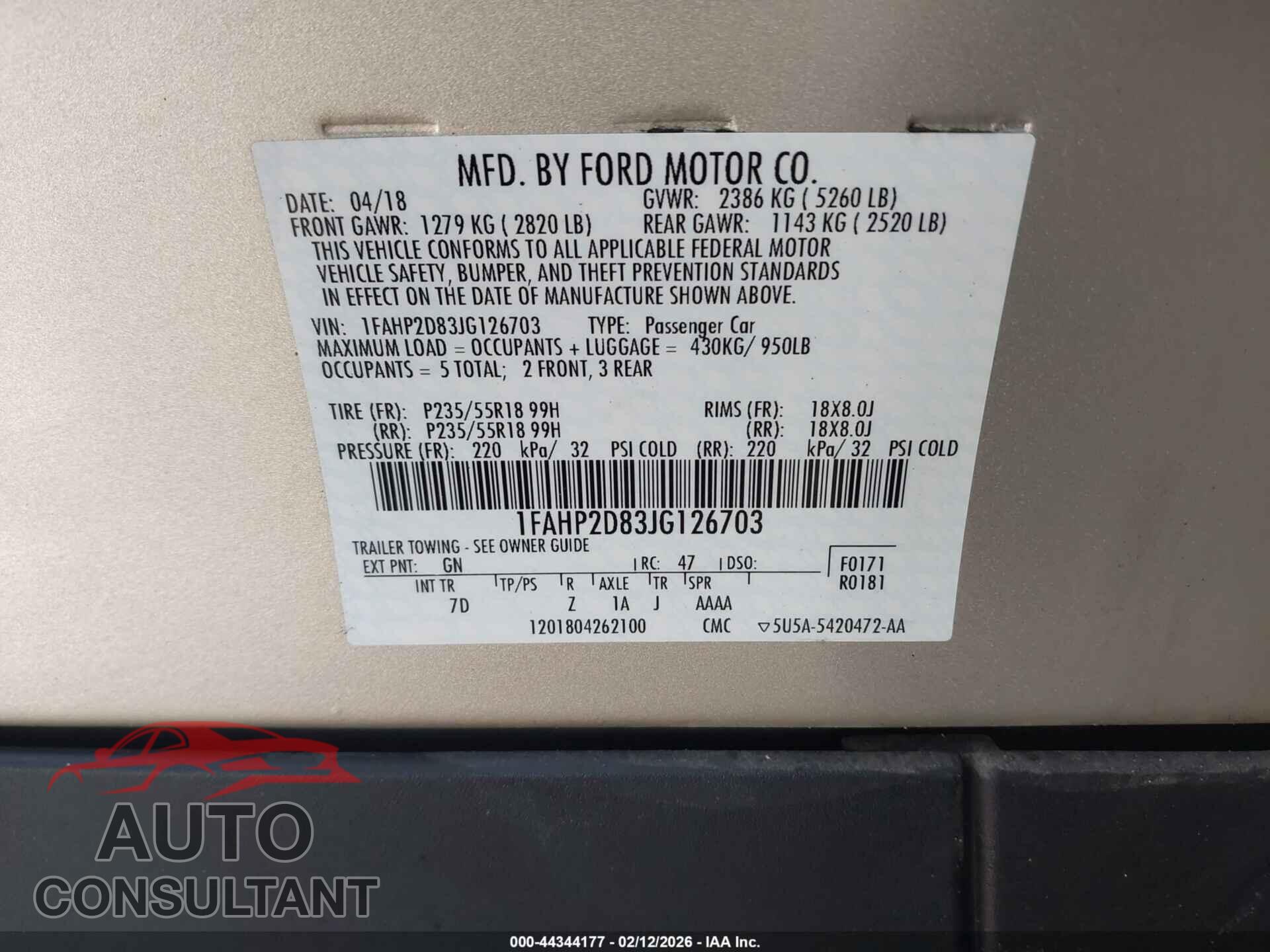 FORD TAURUS 2018 - 1FAHP2D83JG126703
