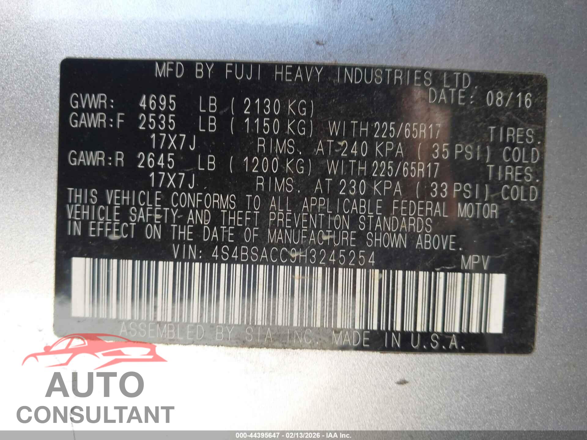 SUBARU OUTBACK 2017 - 4S4BSACC9H3245254