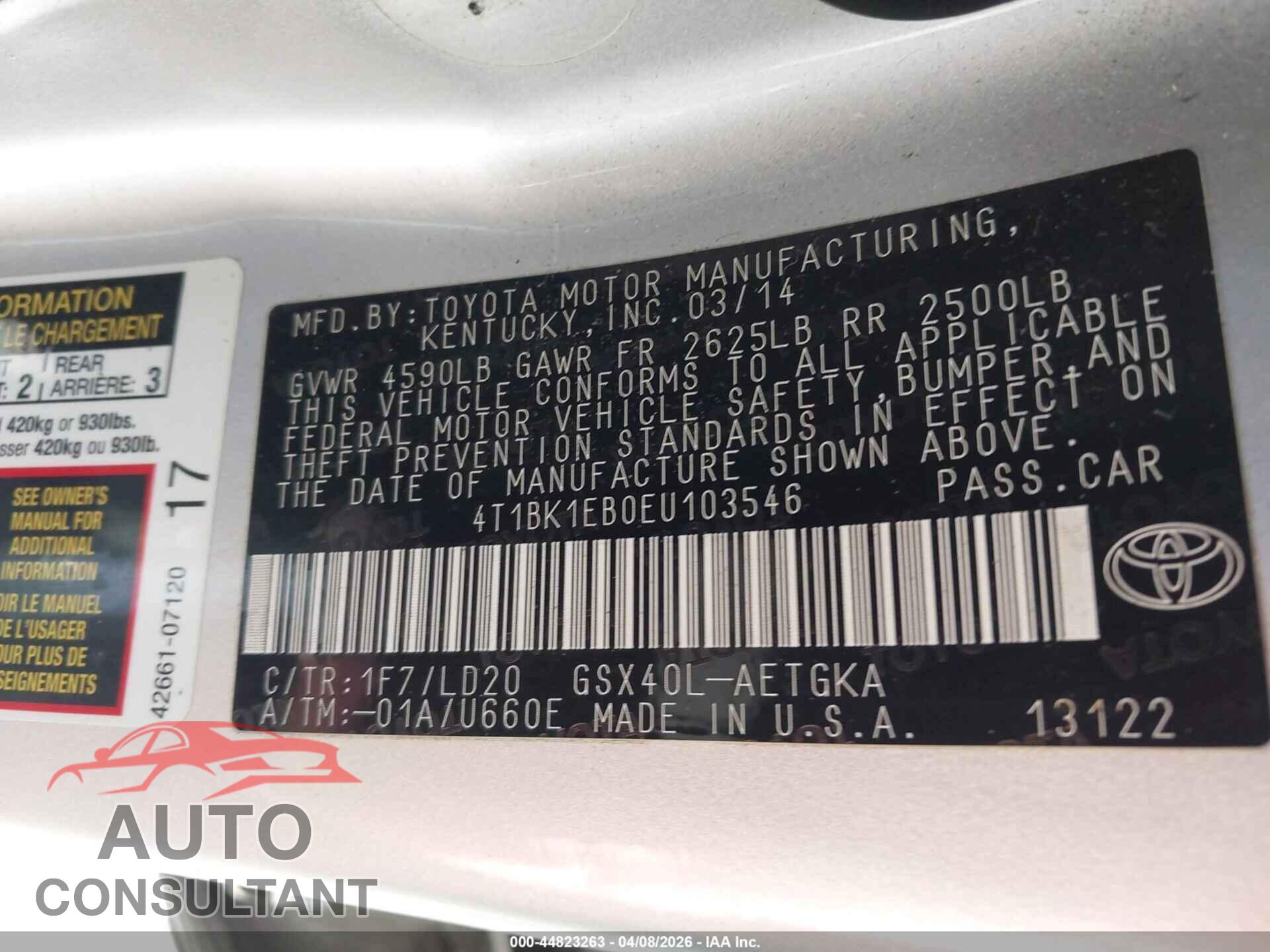TOYOTA AVALON 2014 - 4T1BK1EB0EU103546