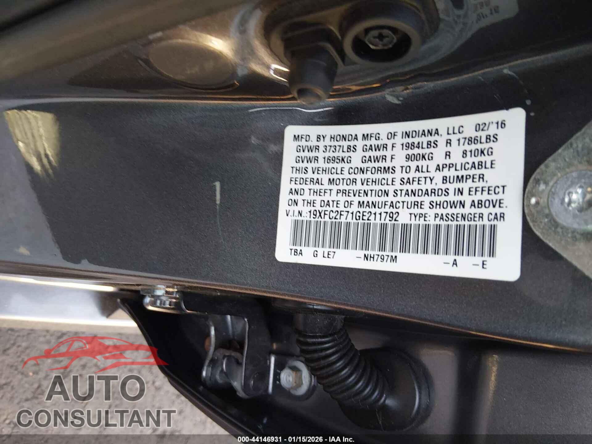 HONDA CIVIC 2016 - 19XFC2F71GE211792