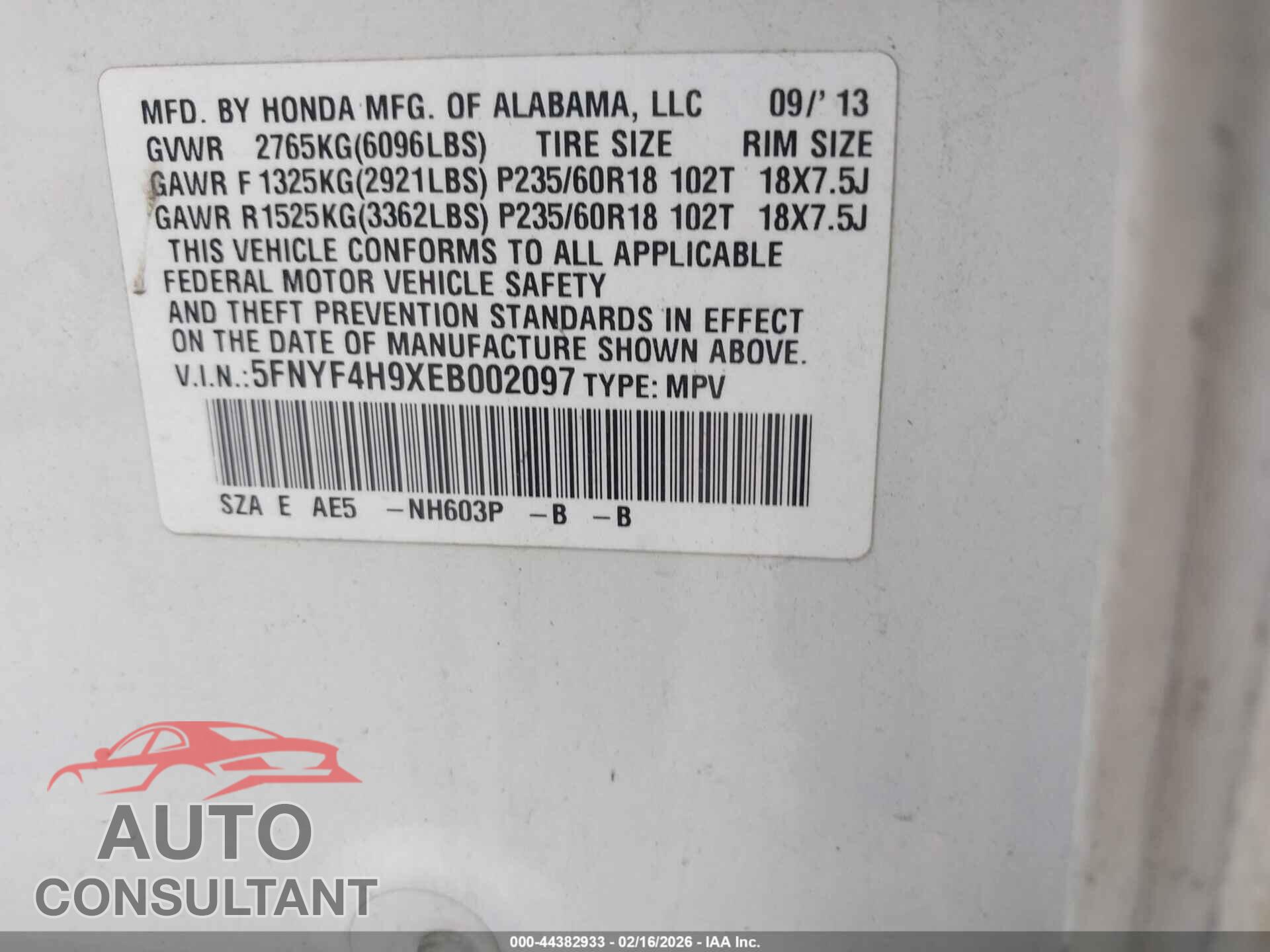 HONDA PILOT 2014 - 5FNYF4H9XEB002097