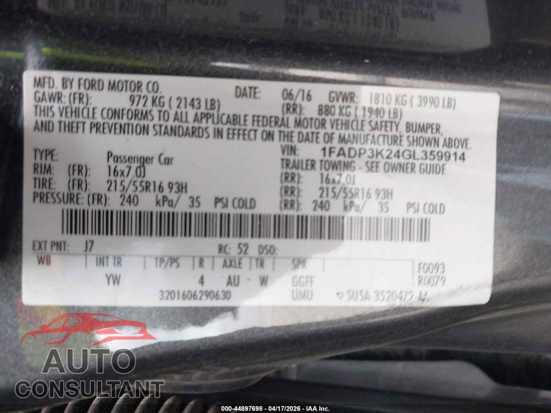 FORD FOCUS 2016 - 1FADP3K24GL359914