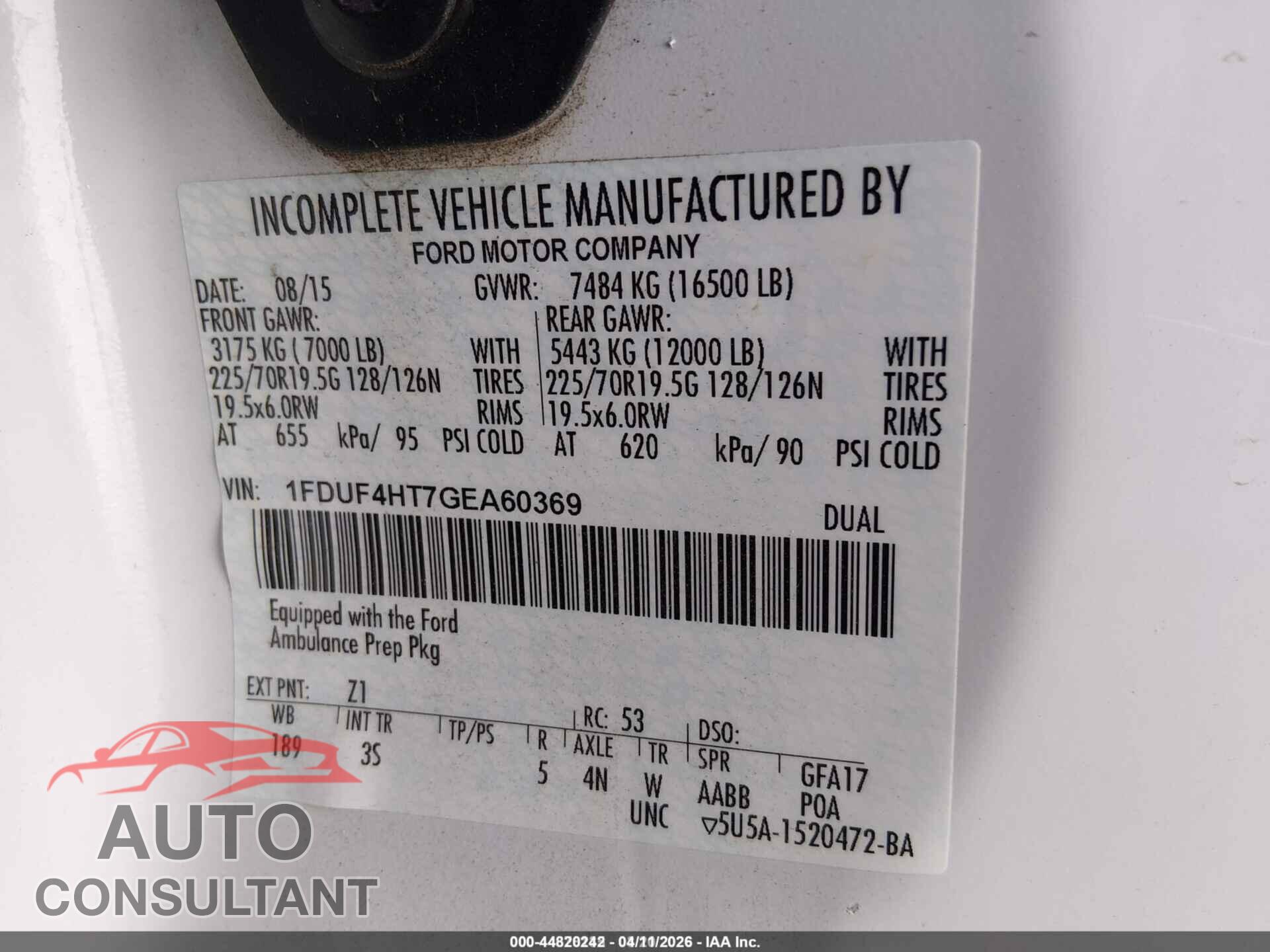 FORD F-450 CHASSIS 2016 - 1FDUF4HT7GEA60369