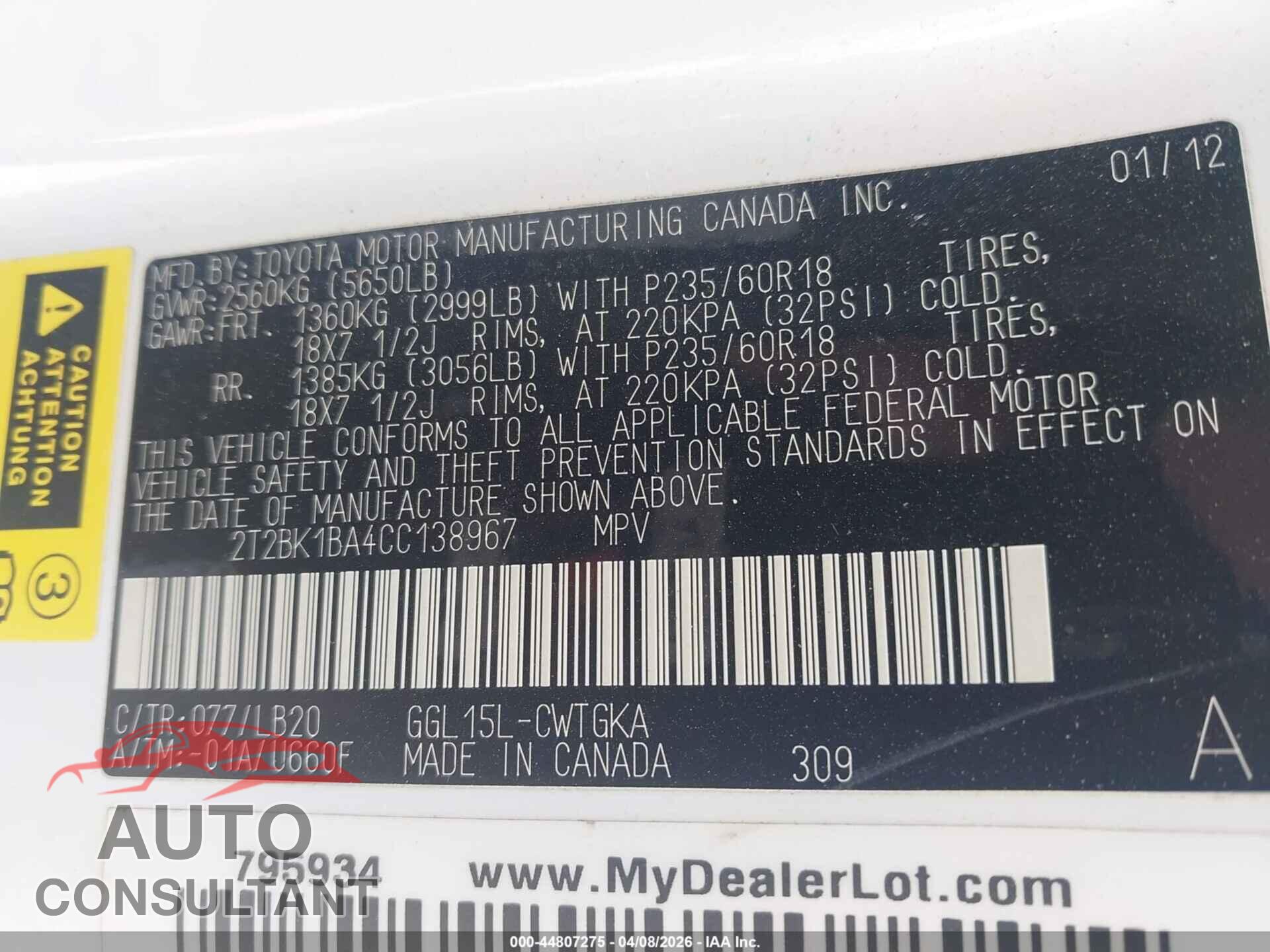 LEXUS RX 350 2012 - 2T2BK1BA4CC138967
