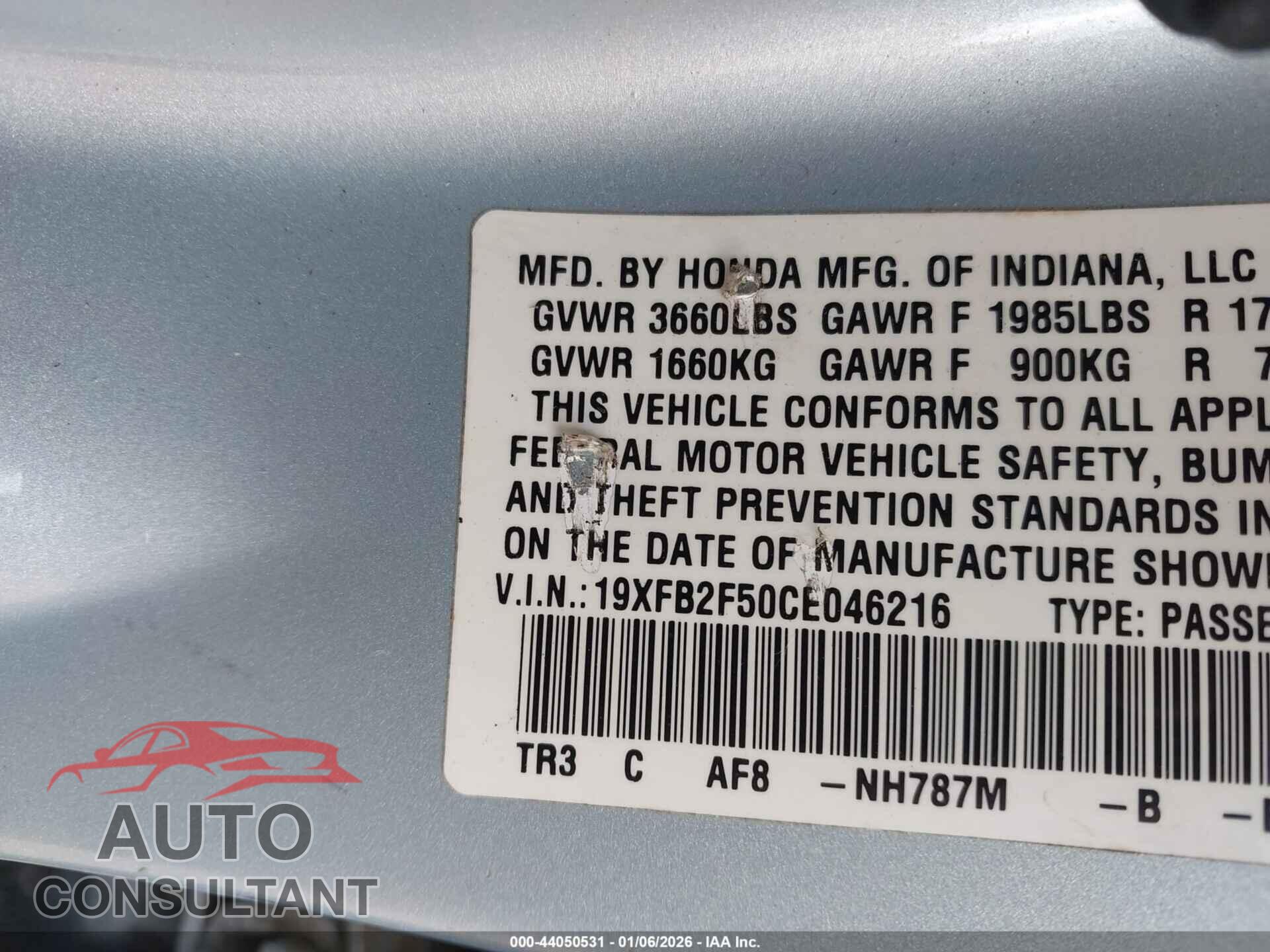 HONDA CIVIC 2012 - 19XFB2F50CE046216