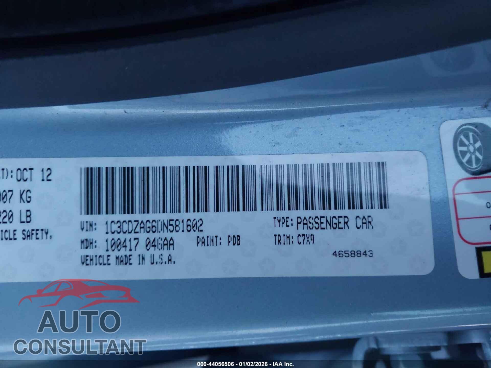 DODGE AVENGER 2013 - 1C3CDZAG6DN581602