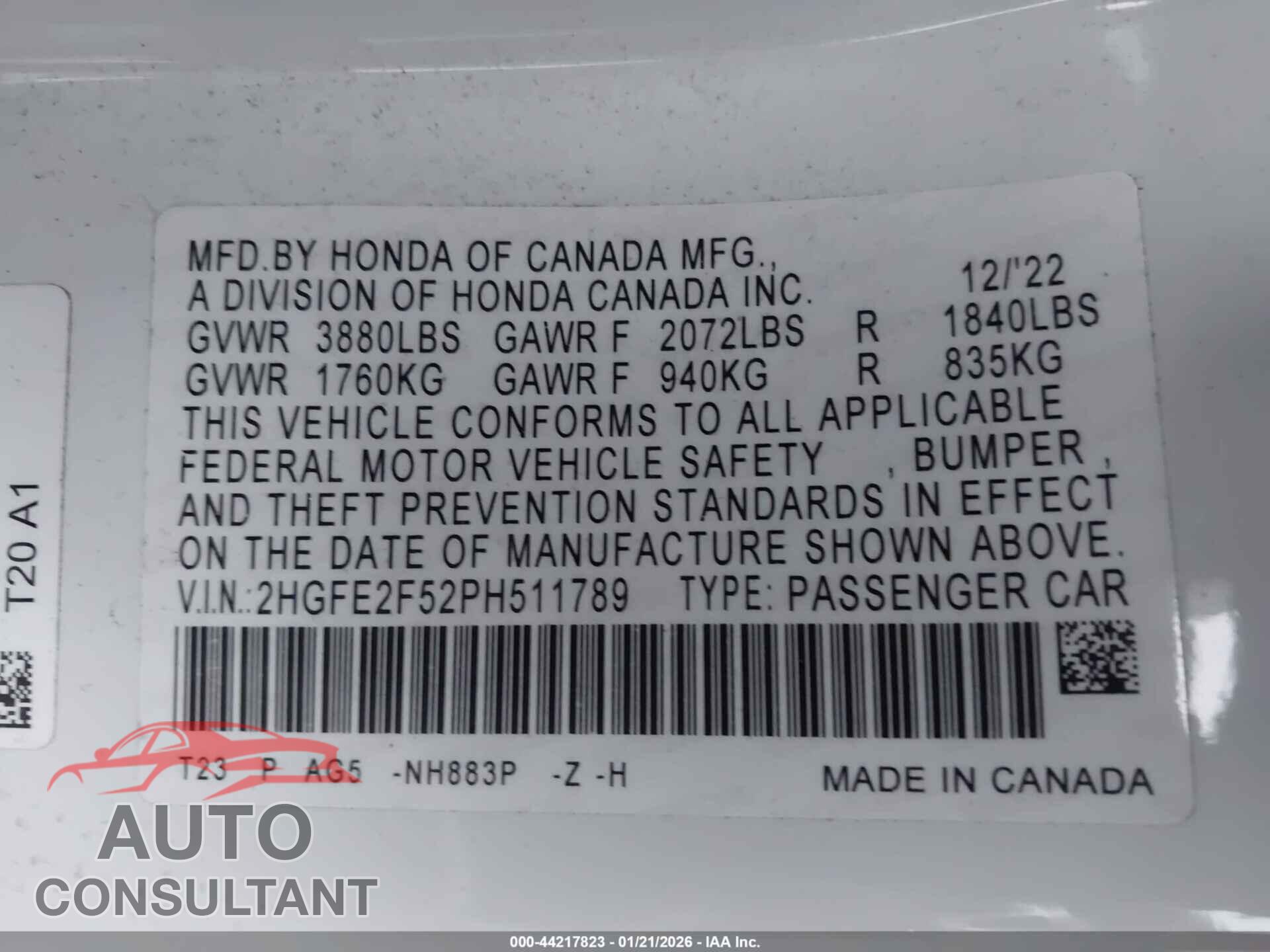 HONDA CIVIC 2023 - 2HGFE2F52PH511789