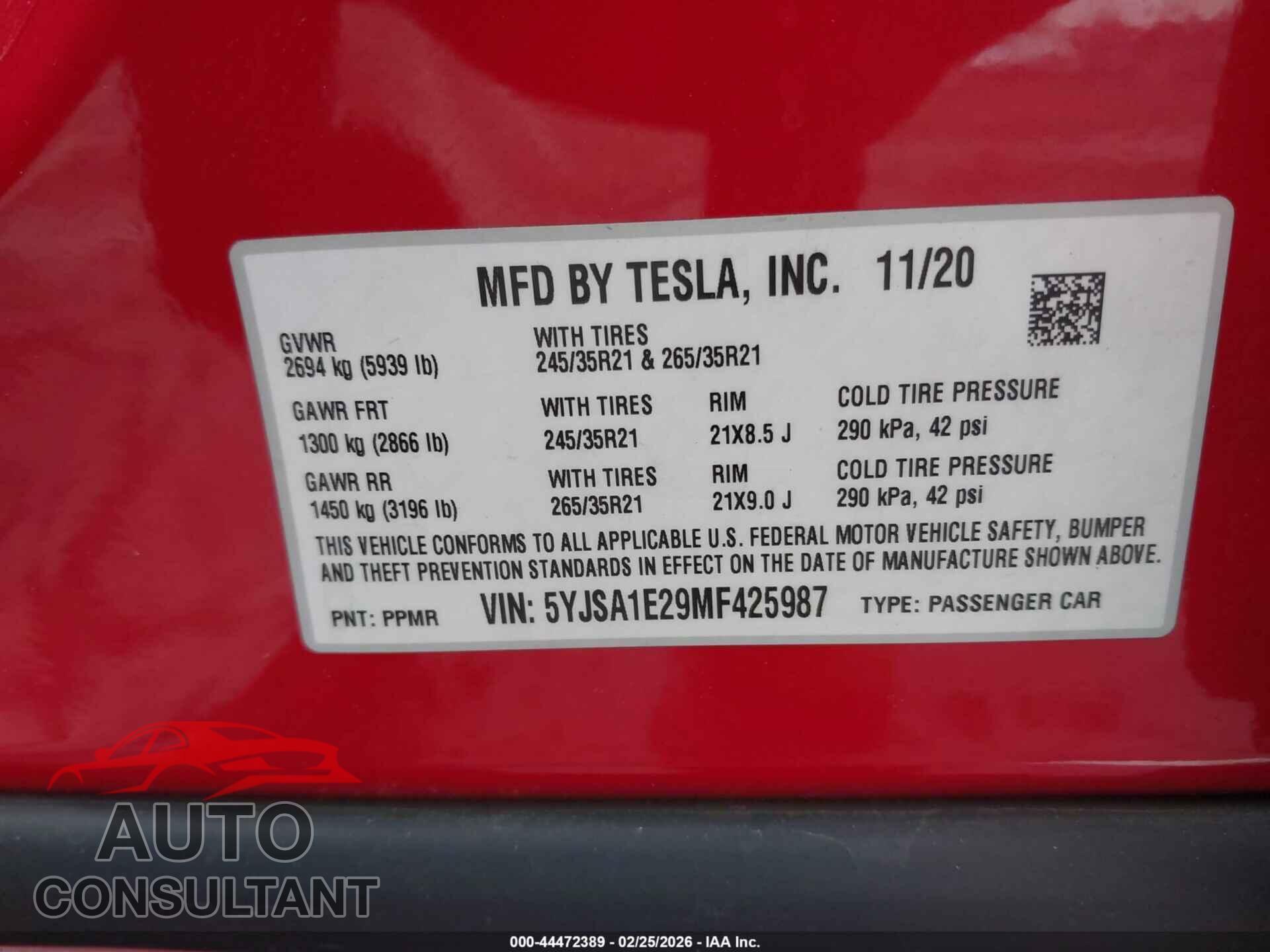 TESLA MODEL S 2021 - 5YJSA1E29MF425987