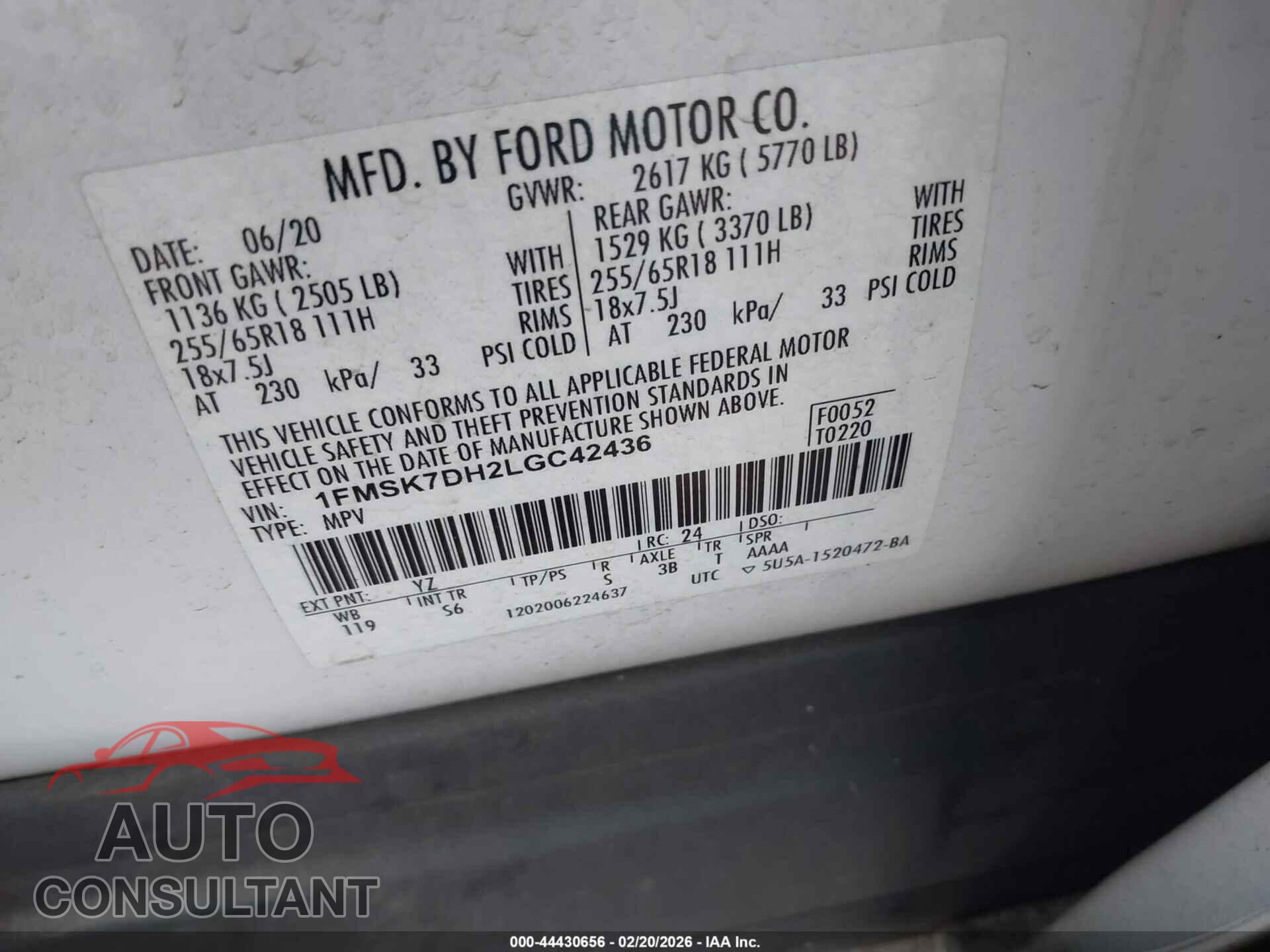 FORD EXPLORER 2020 - 1FMSK7DH2LGC42436