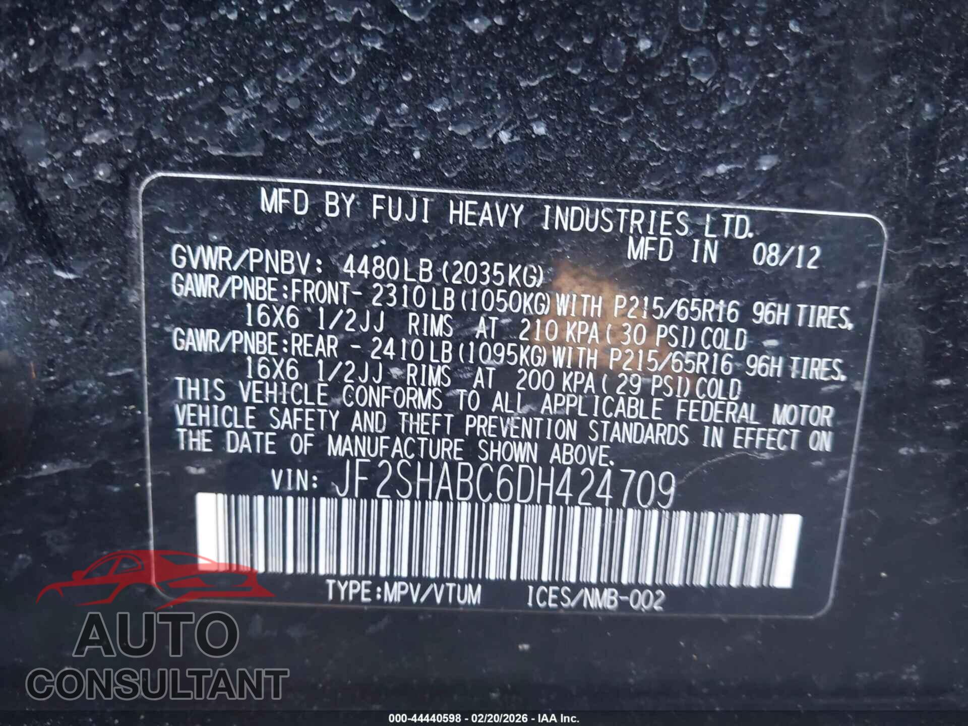 SUBARU FORESTER 2013 - JF2SHABC6DH424709