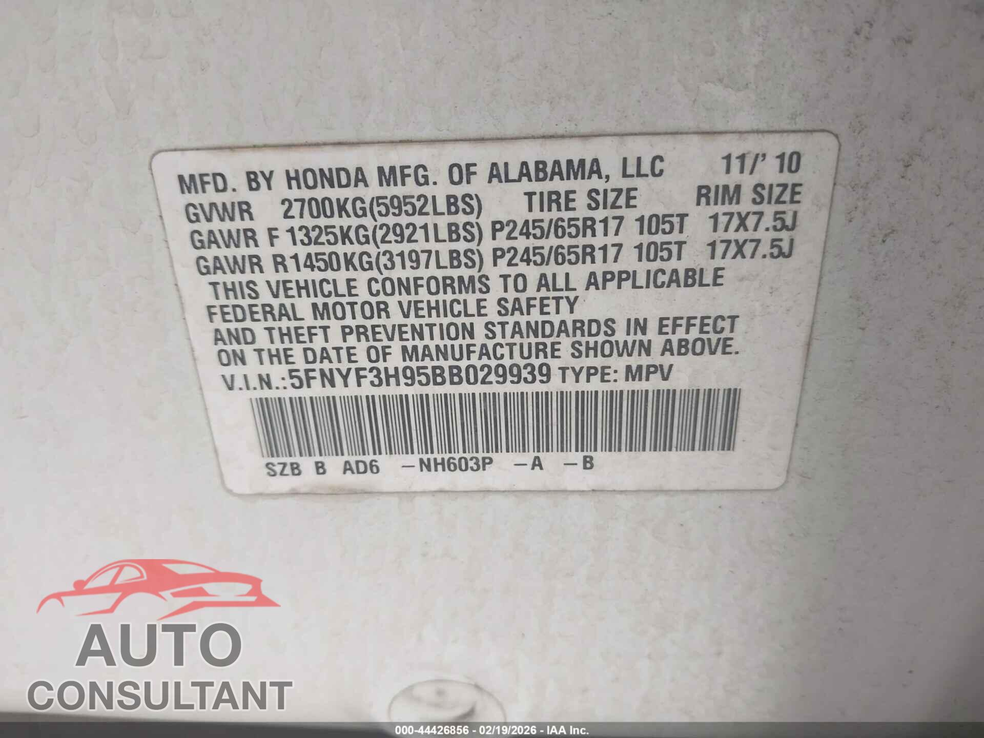 HONDA PILOT 2011 - 5FNYF3H95BB029939