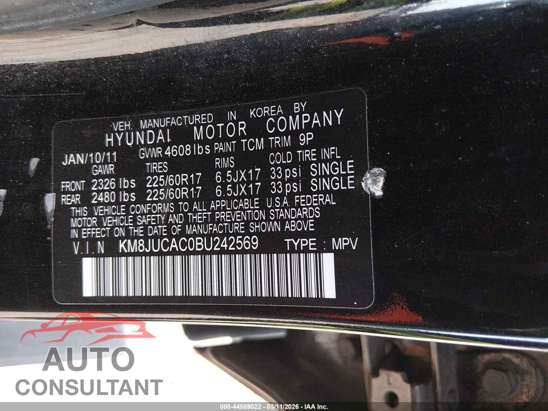 HYUNDAI TUCSON 2011 - KM8JUCAC0BU242569