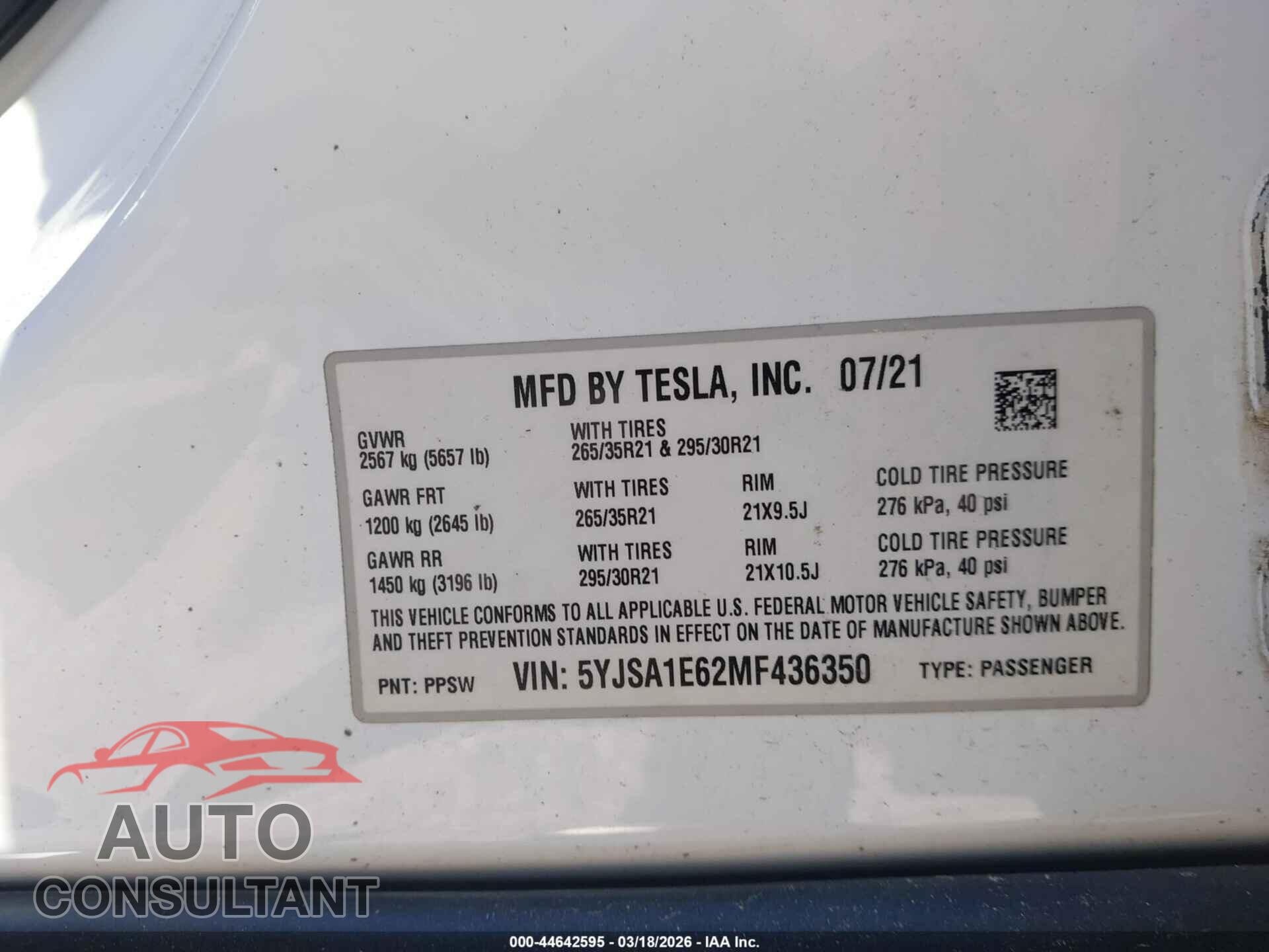 TESLA MODEL S 2021 - 5YJSA1E62MF436350