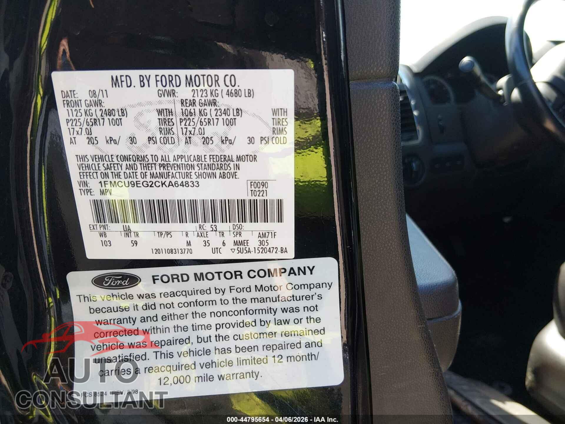 FORD ESCAPE 2012 - 1FMCU9EG2CKA64833