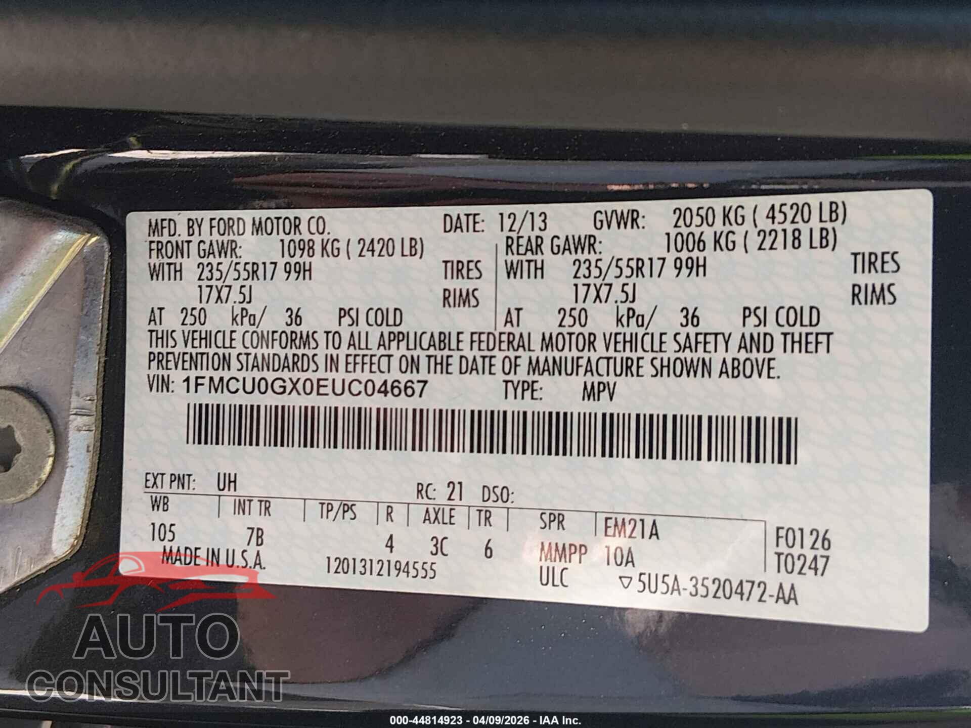 FORD ESCAPE 2014 - 1FMCU0GX0EUC04667