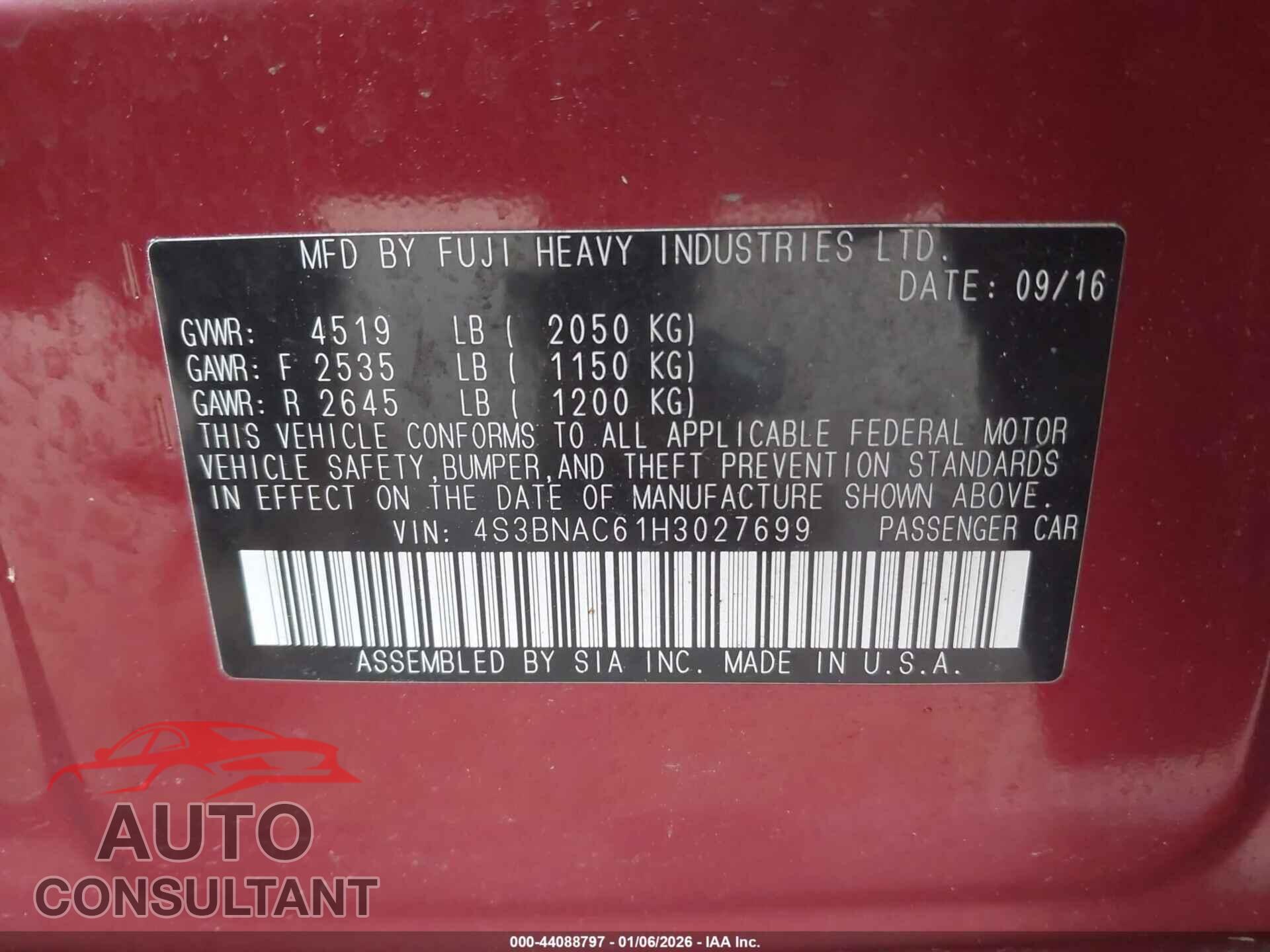 SUBARU LEGACY 2017 - 4S3BNAC61H3027699