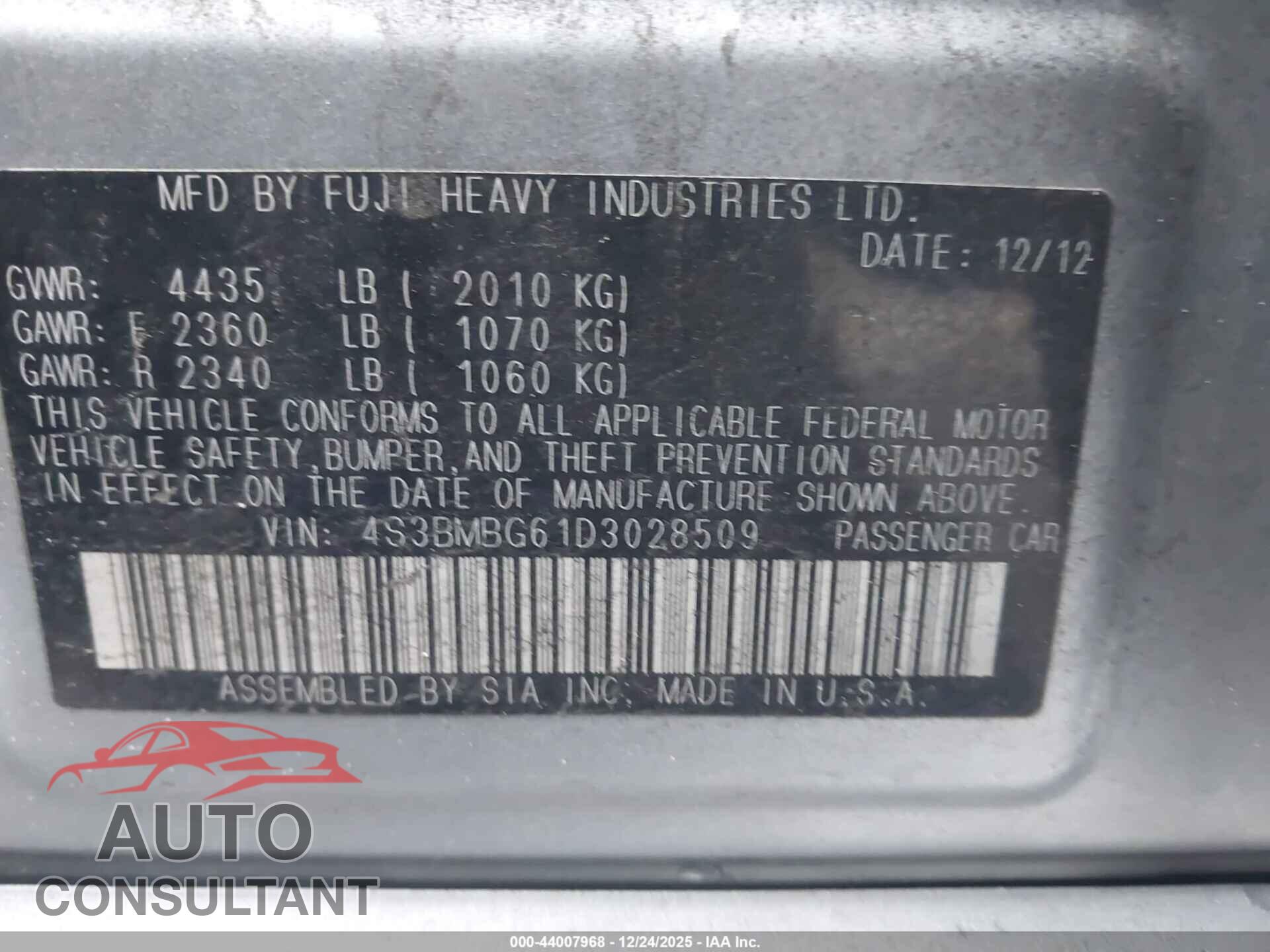 SUBARU LEGACY 2013 - 4S3BMBG61D3028509