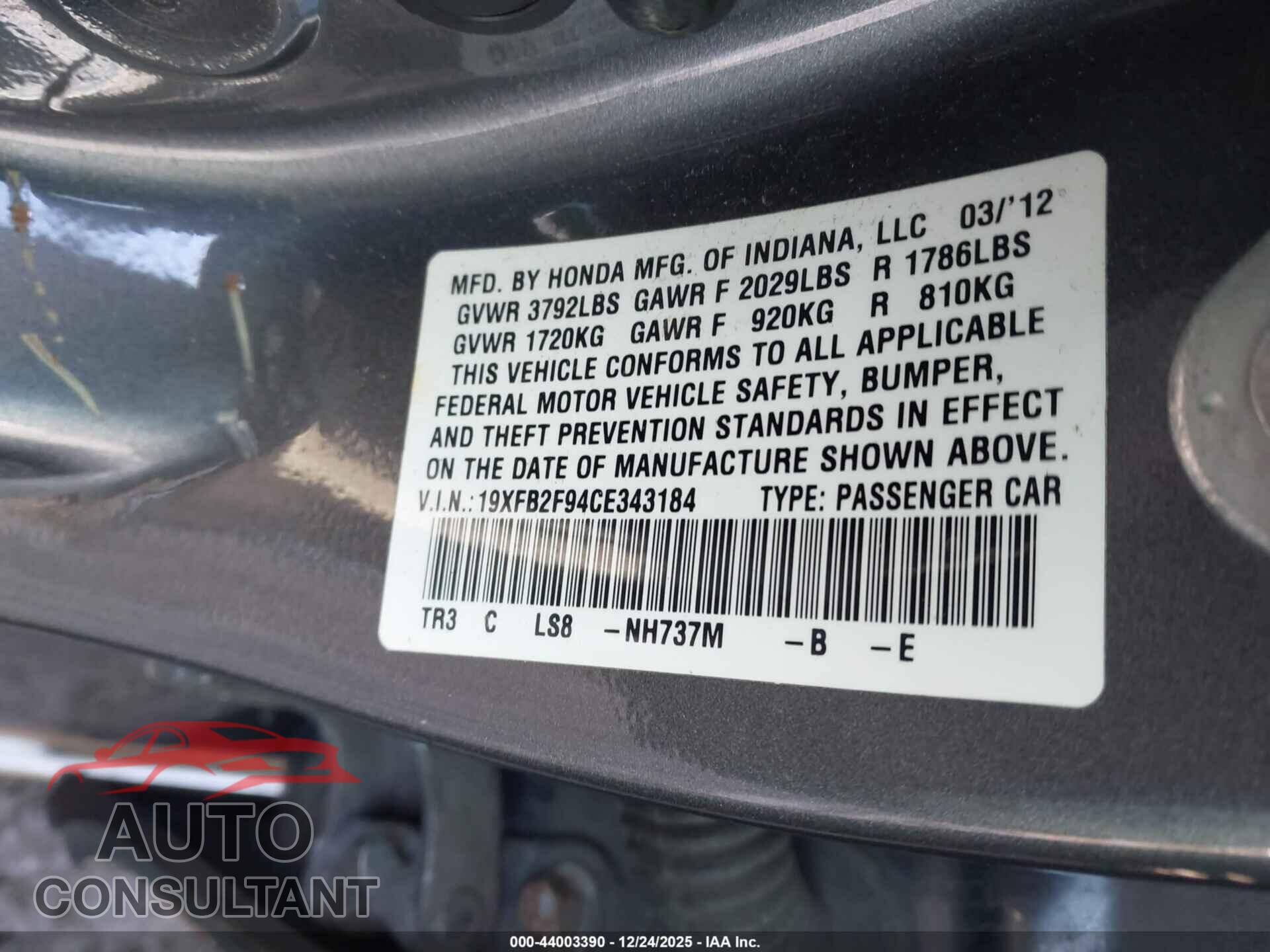 HONDA CIVIC 2012 - 19XFB2F94CE343184