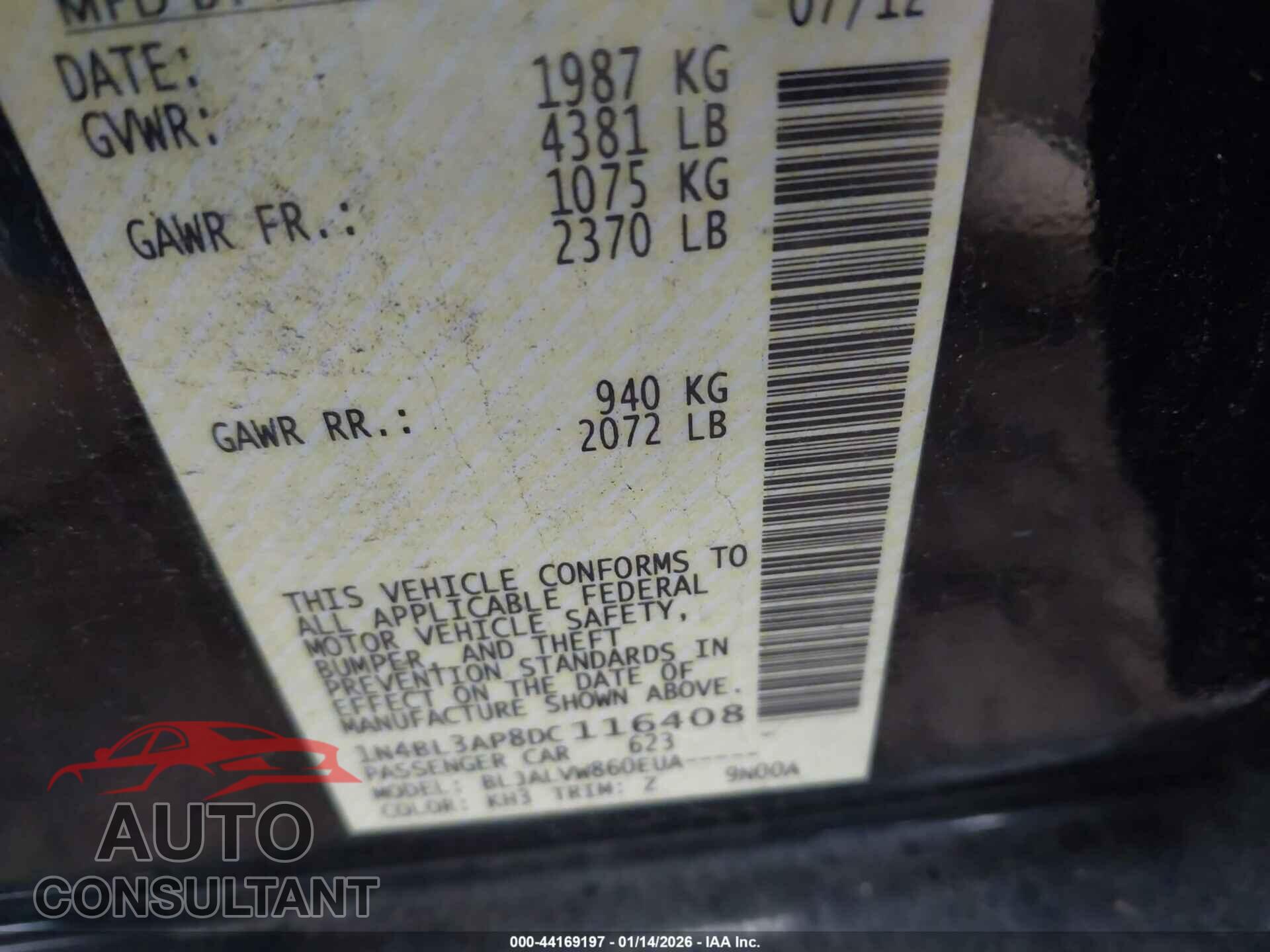 NISSAN ALTIMA 2013 - 1N4BL3AP8DC116408