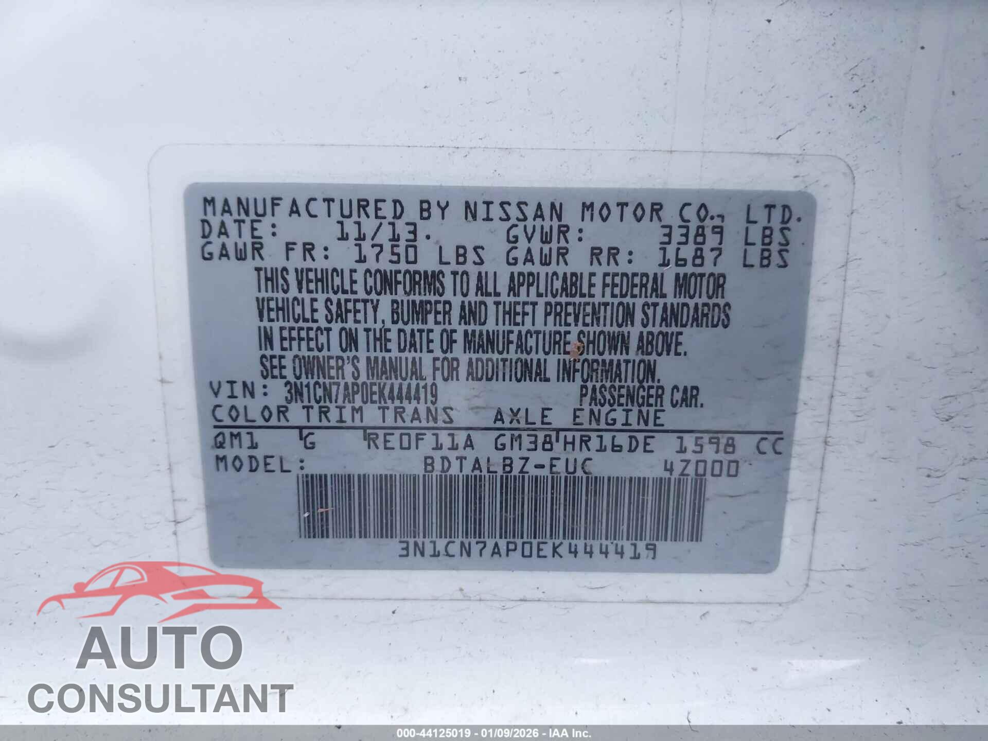 NISSAN VERSA 2014 - 3N1CN7AP0EK444419