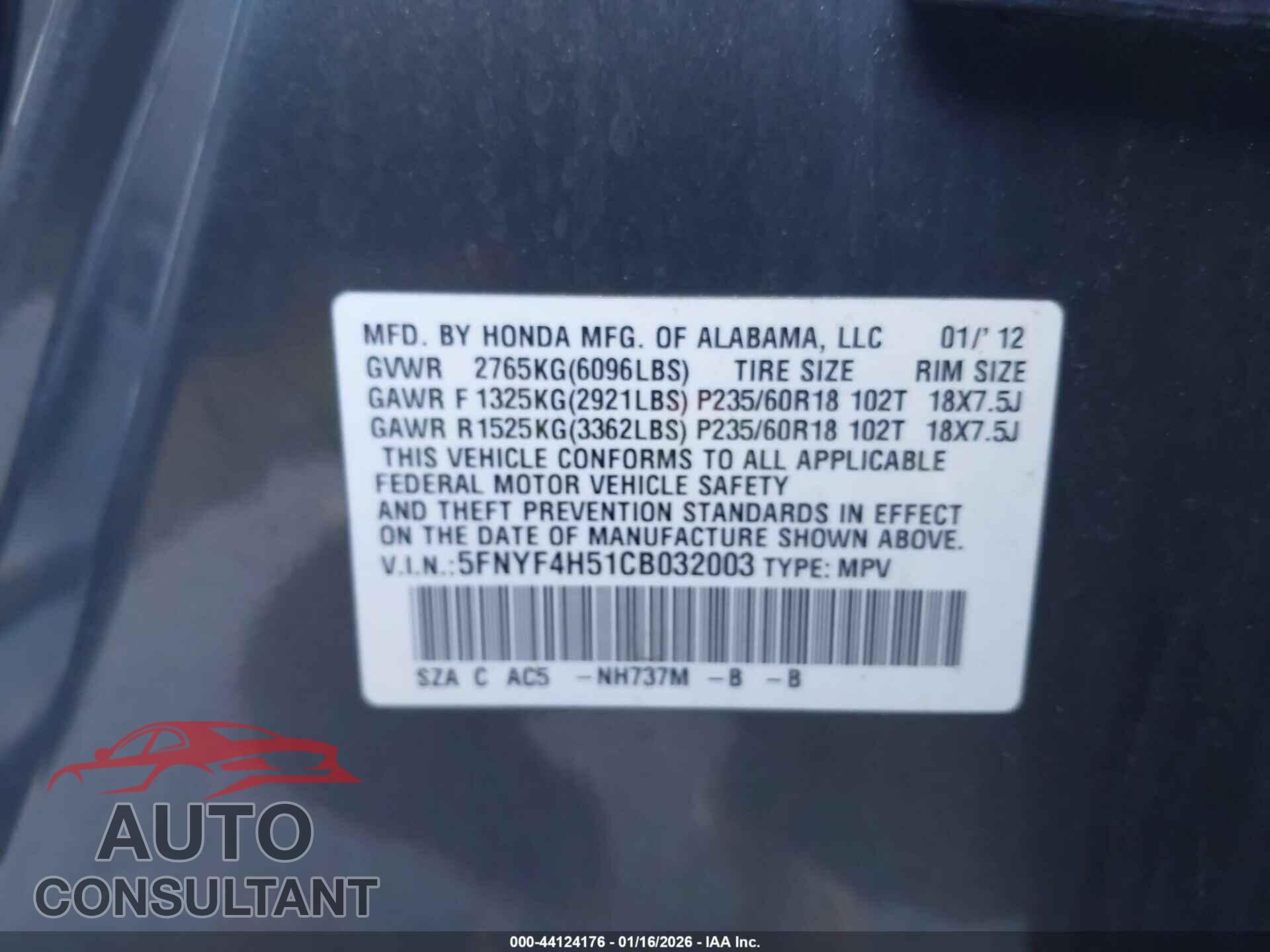 HONDA PILOT 2012 - 5FNYF4H51CB032003