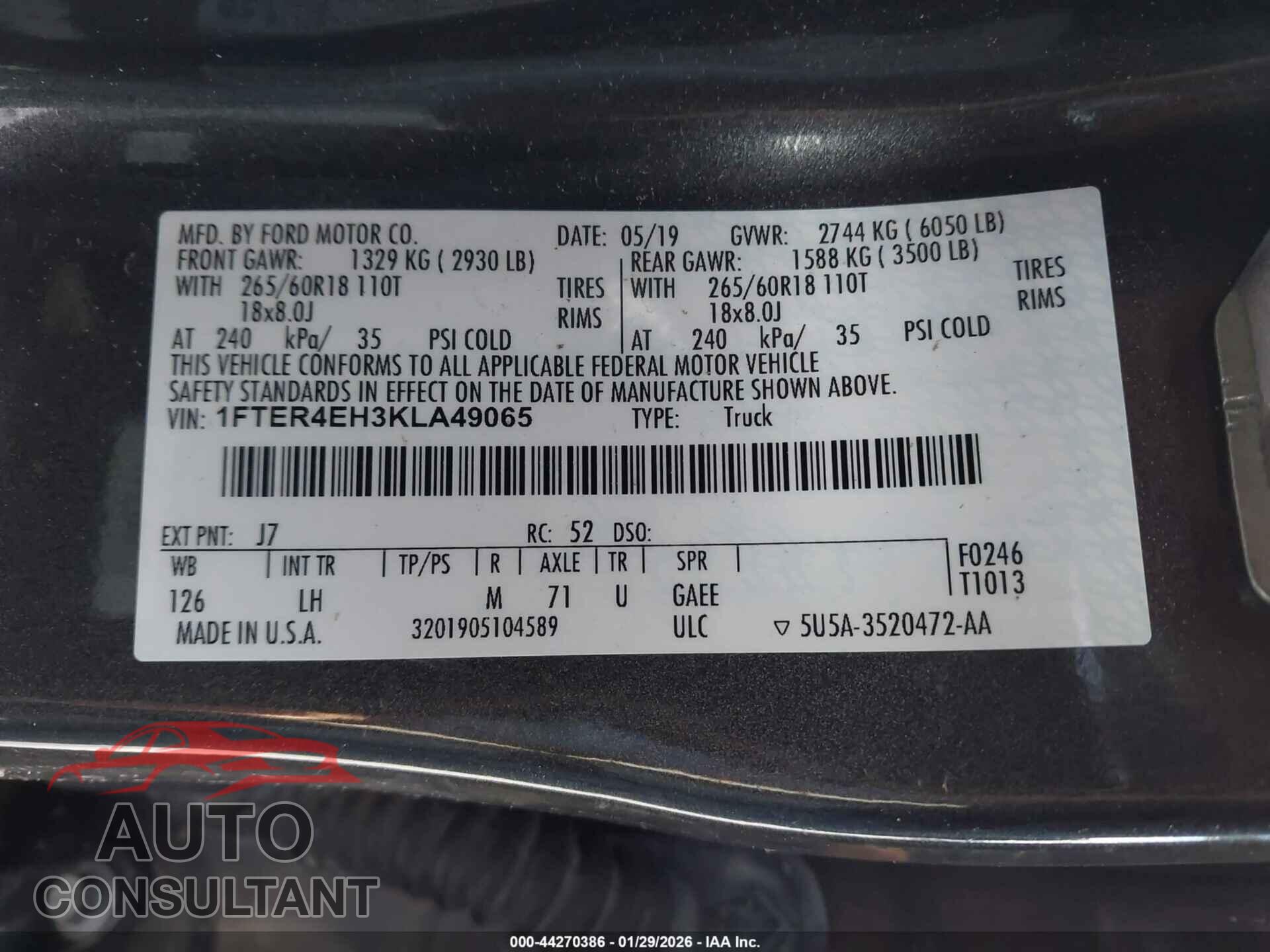 FORD RANGER 2019 - 1FTER4EH3KLA49065