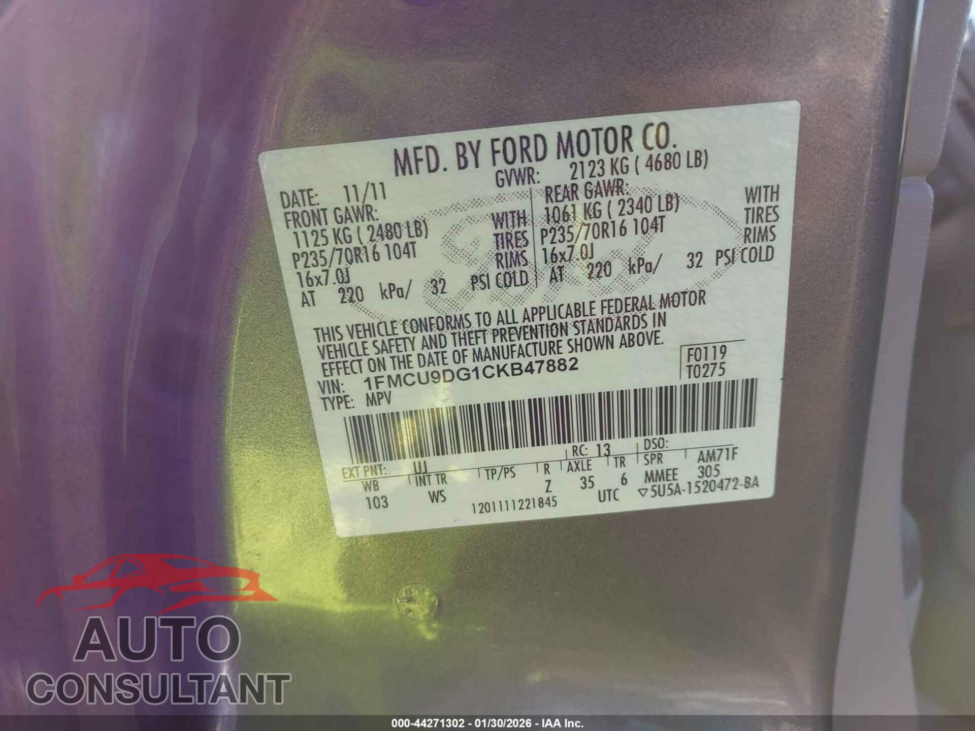FORD ESCAPE 2012 - 1FMCU9DG1CKB47882