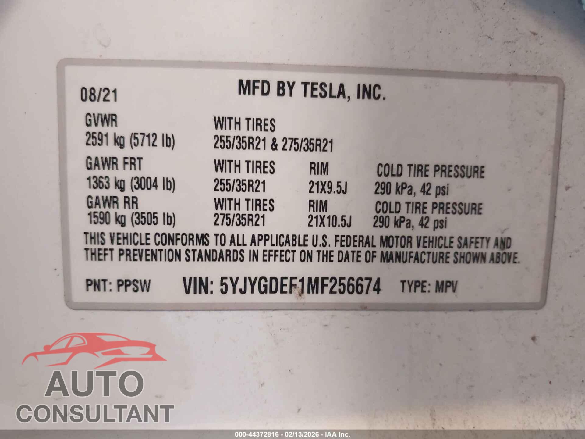 TESLA MODEL Y 2021 - 5YJYGDEF1MF256674