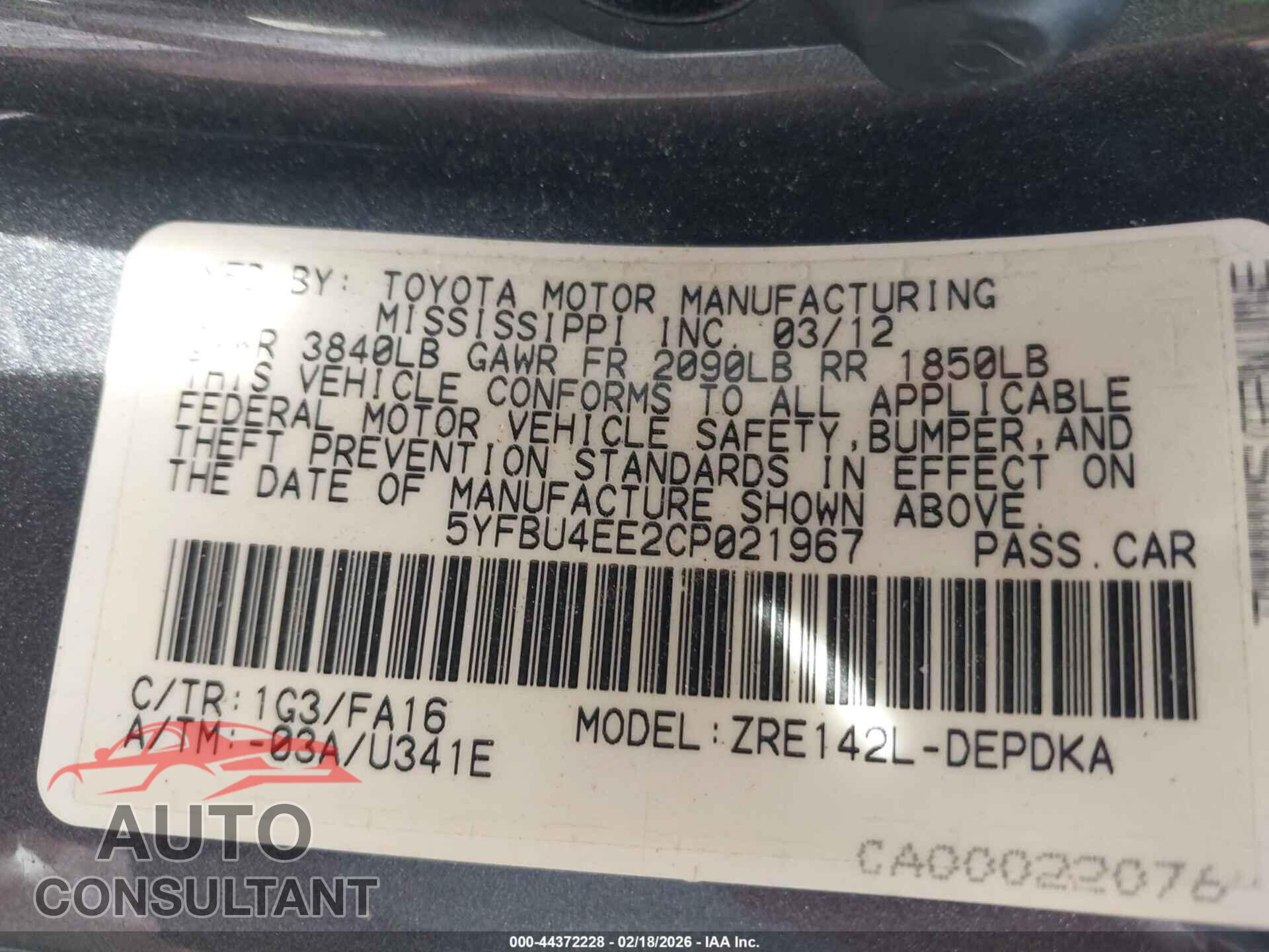 TOYOTA COROLLA 2012 - 5YFBU4EE2CP021967