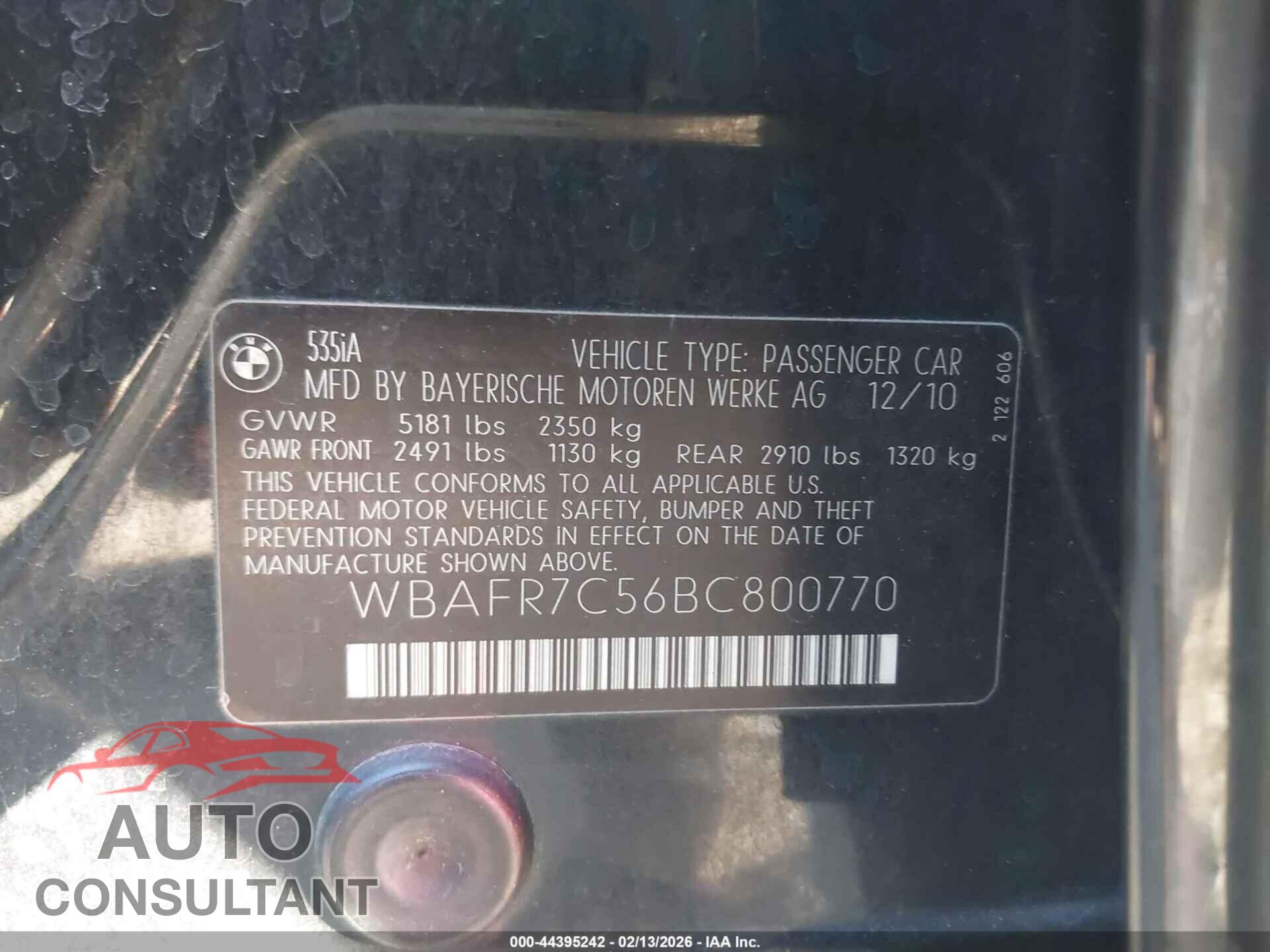 BMW 535I 2011 - WBAFR7C56BC800770