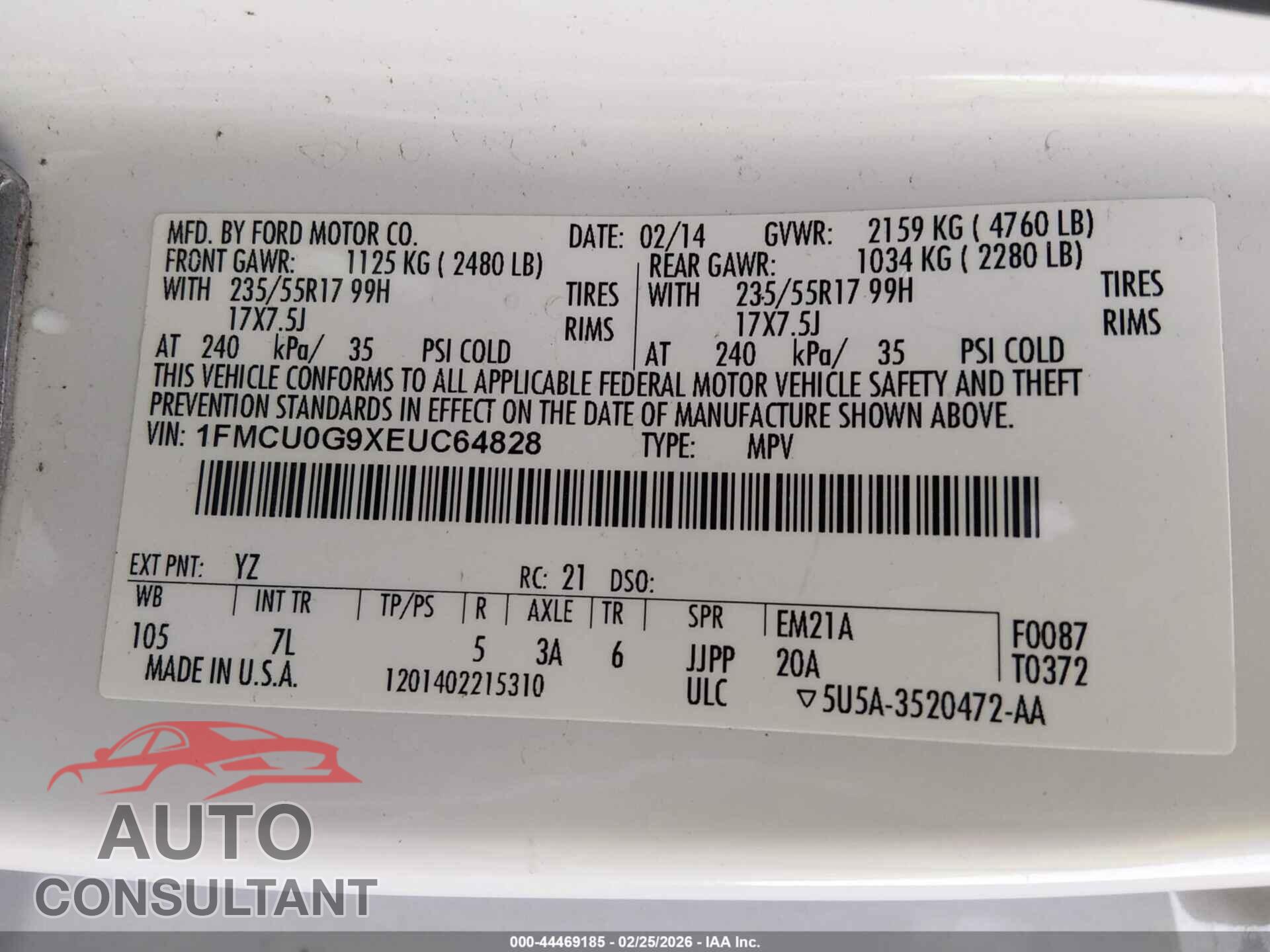 FORD ESCAPE 2014 - 1FMCU0G9XEUC64828
