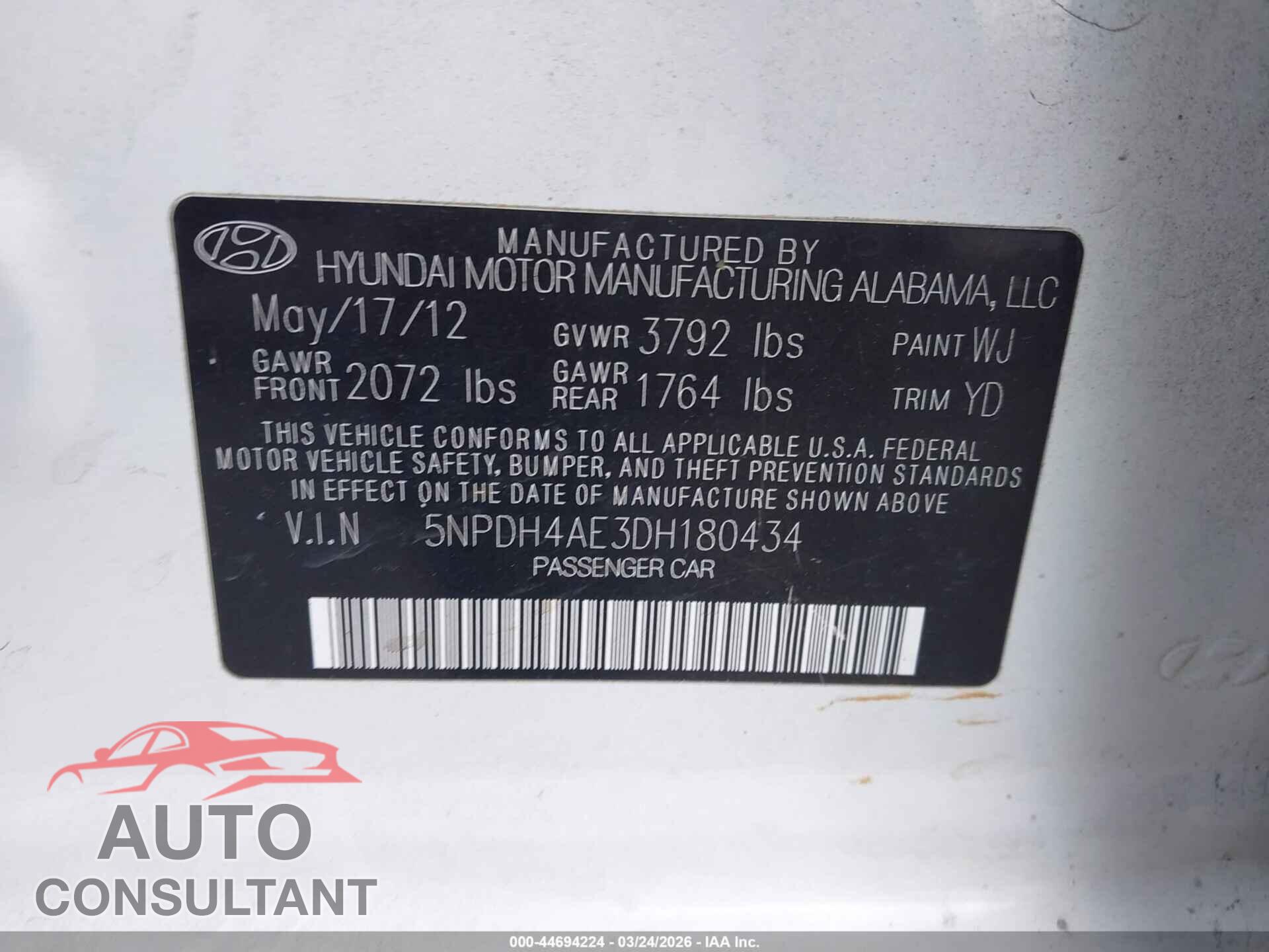 HYUNDAI ELANTRA 2013 - 5NPDH4AE3DH180434