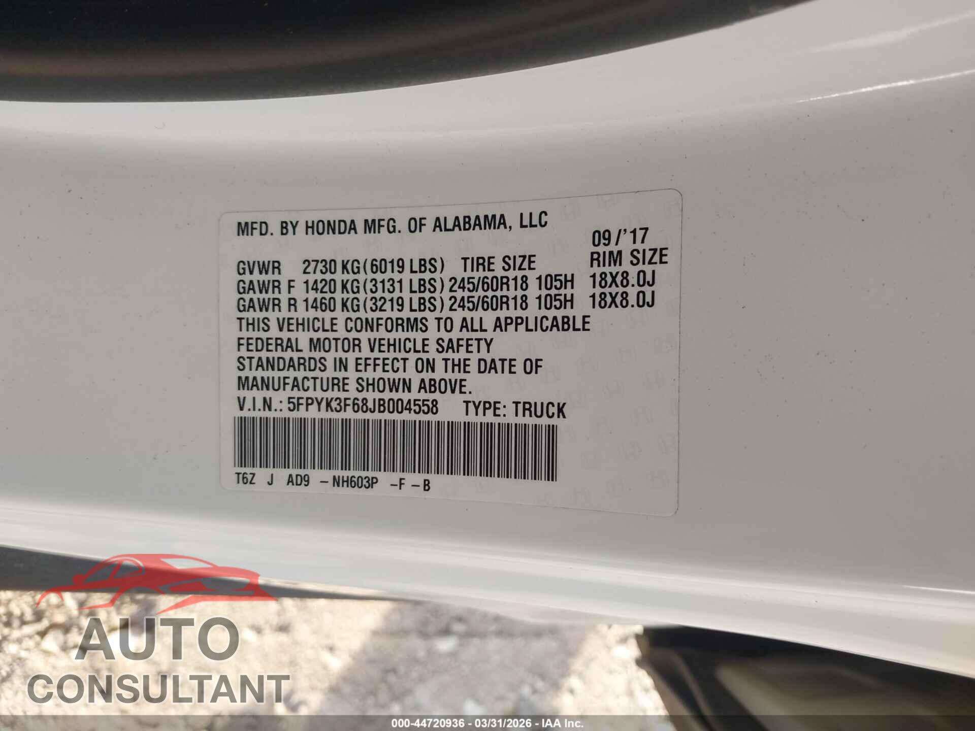 HONDA RIDGELINE 2018 - 5FPYK3F68JB004558