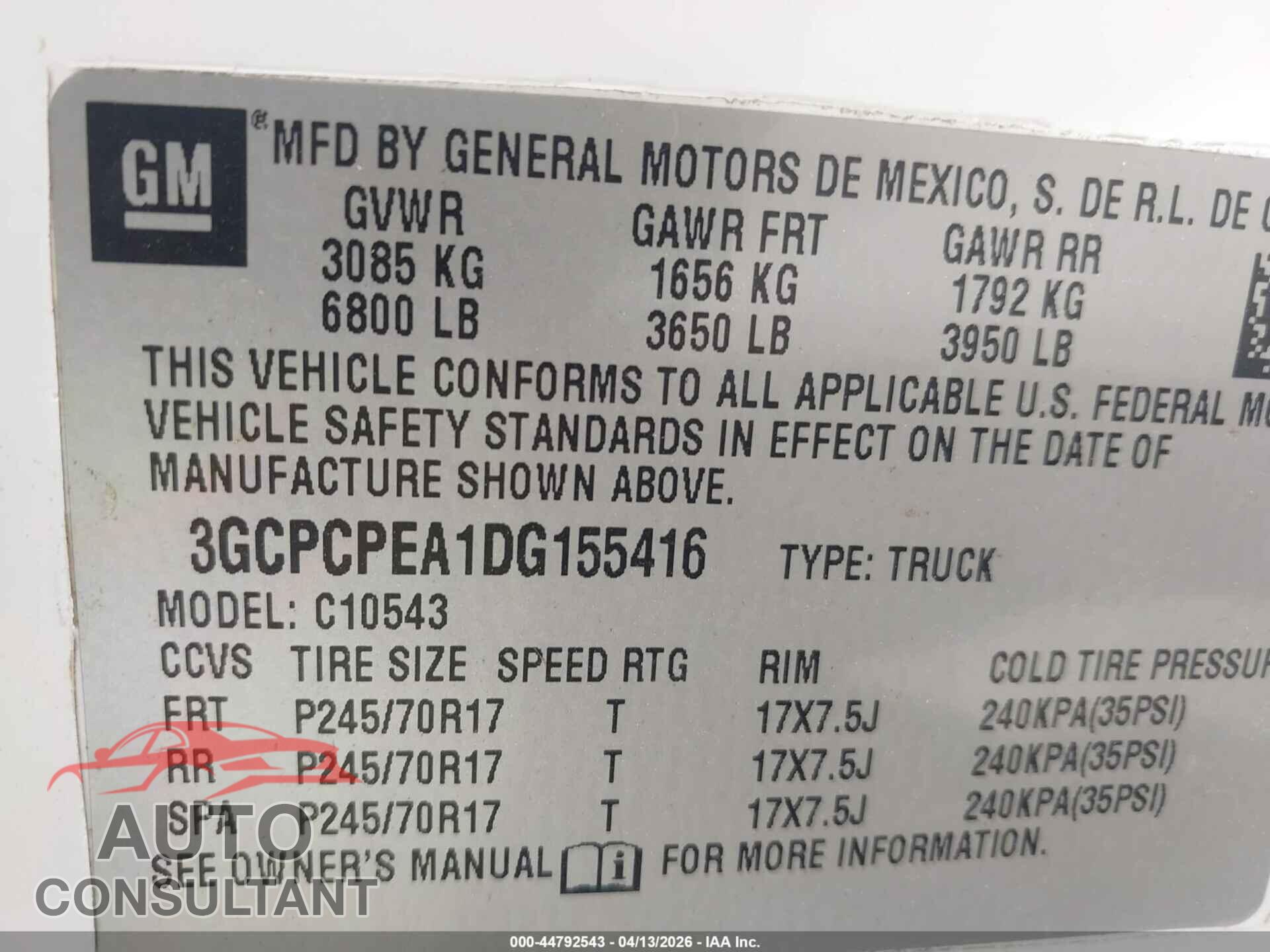 CHEVROLET SILVERADO 1500 2013 - 3GCPCPEA1DG155416