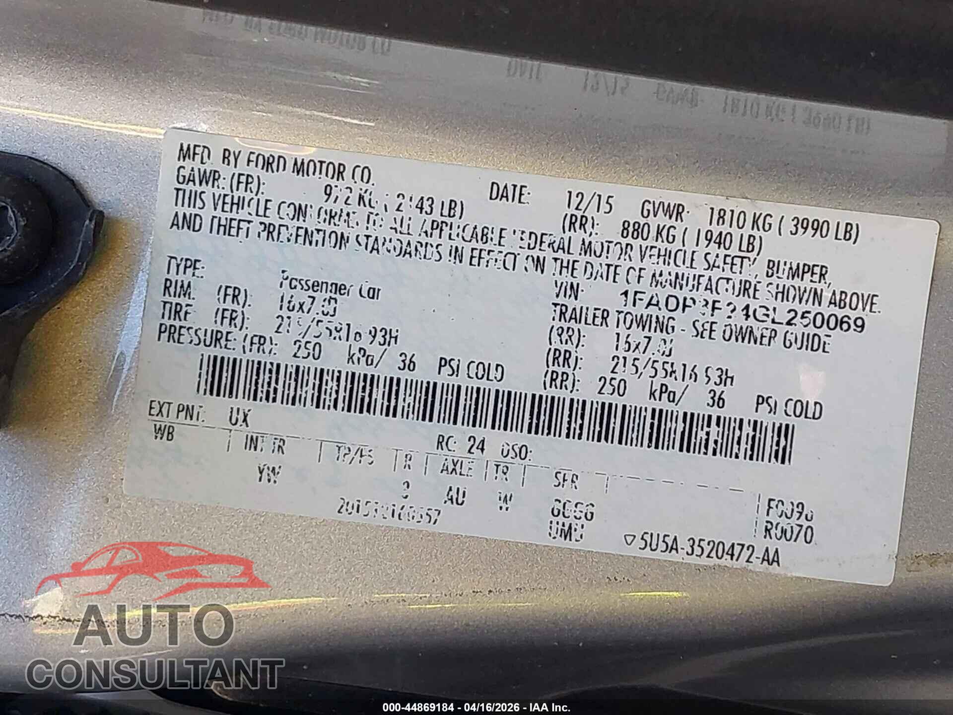 FORD FOCUS 2016 - 1FADP3F24GL250069
