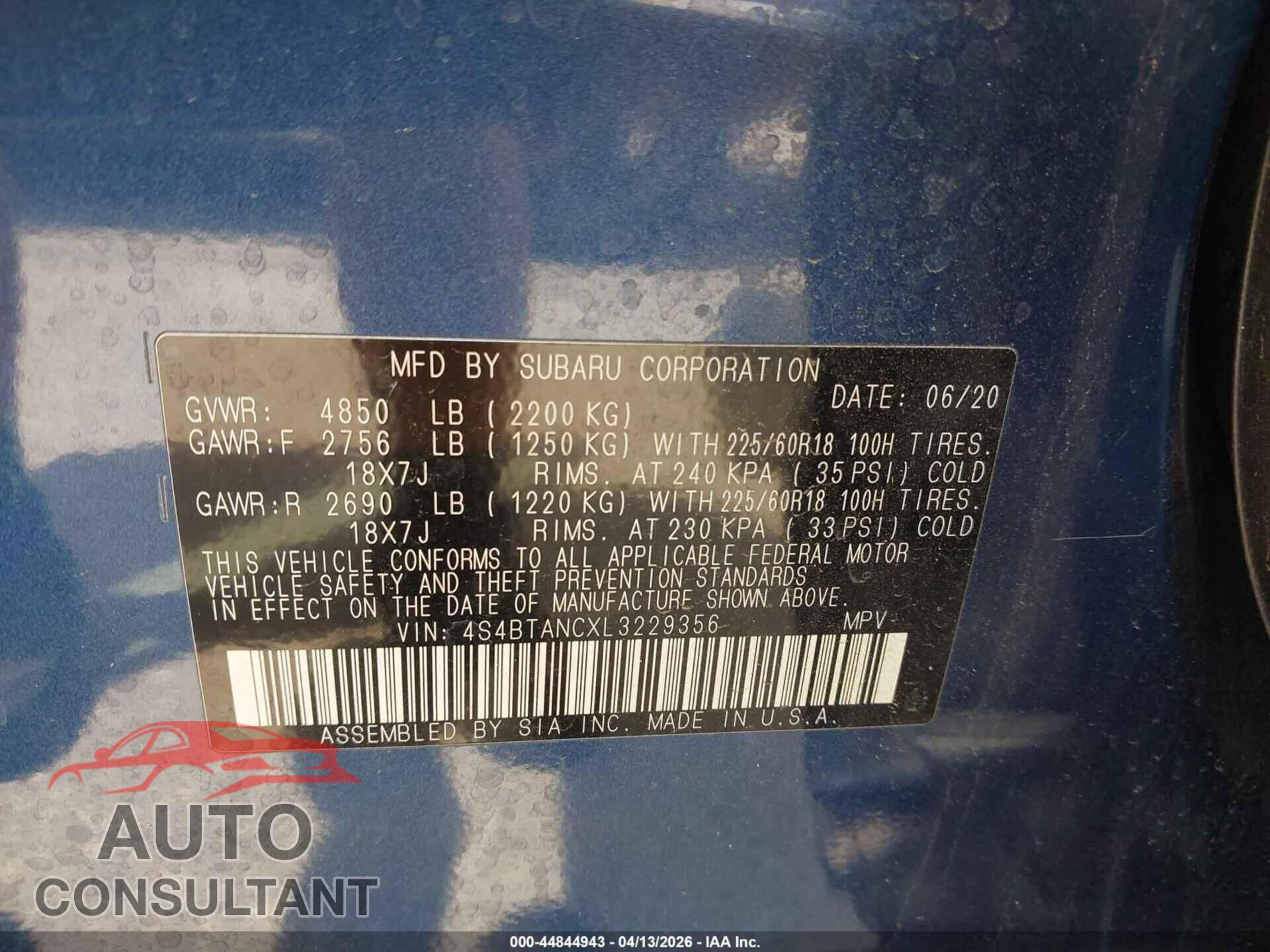 SUBARU OUTBACK 2020 - 4S4BTANCXL3229356