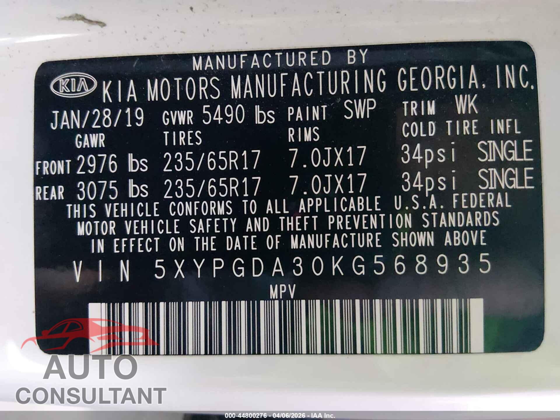KIA SORENTO 2019 - 5XYPGDA30KG568935