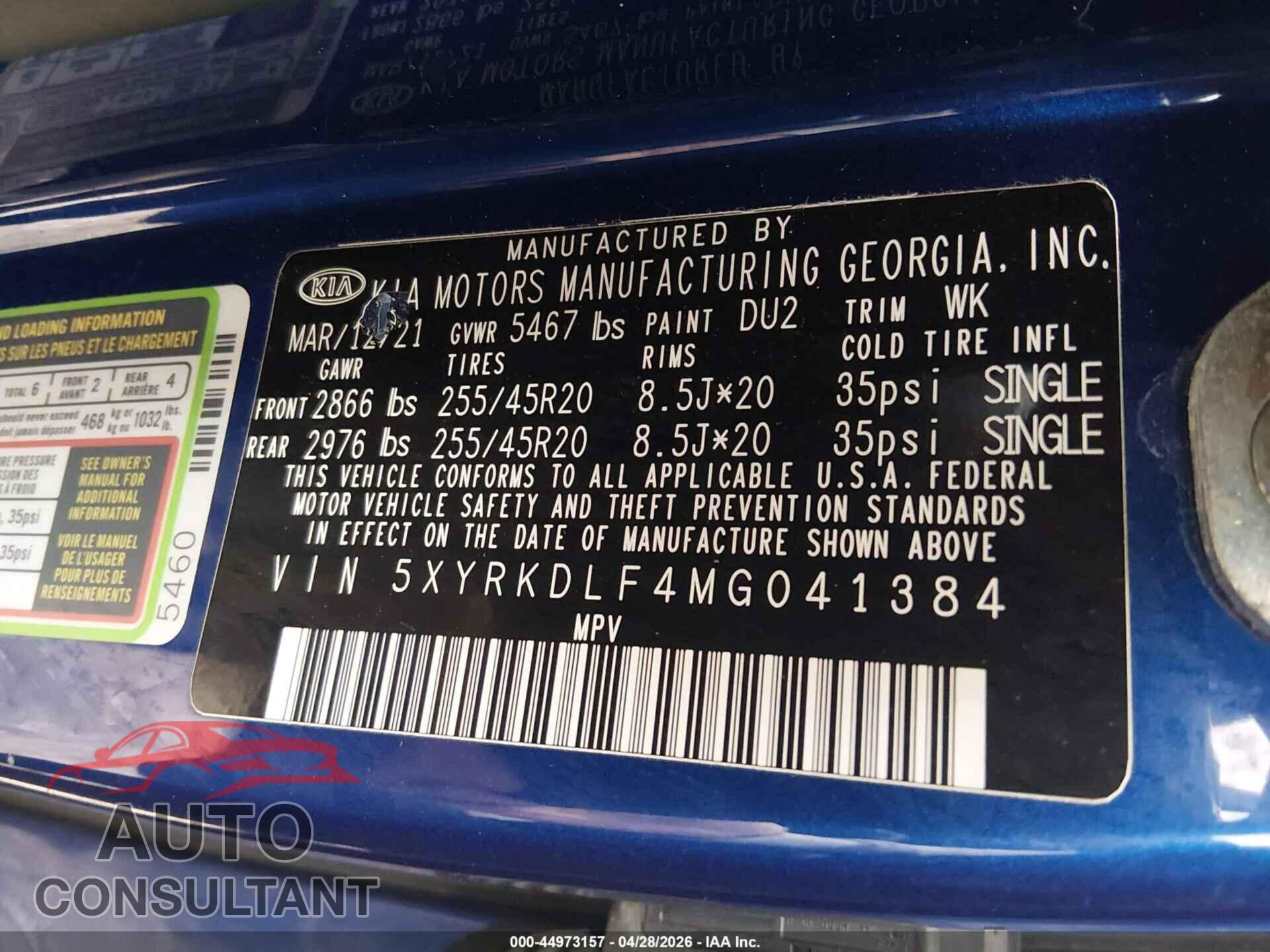 KIA SORENTO 2021 - 5XYRKDLF4MG041384