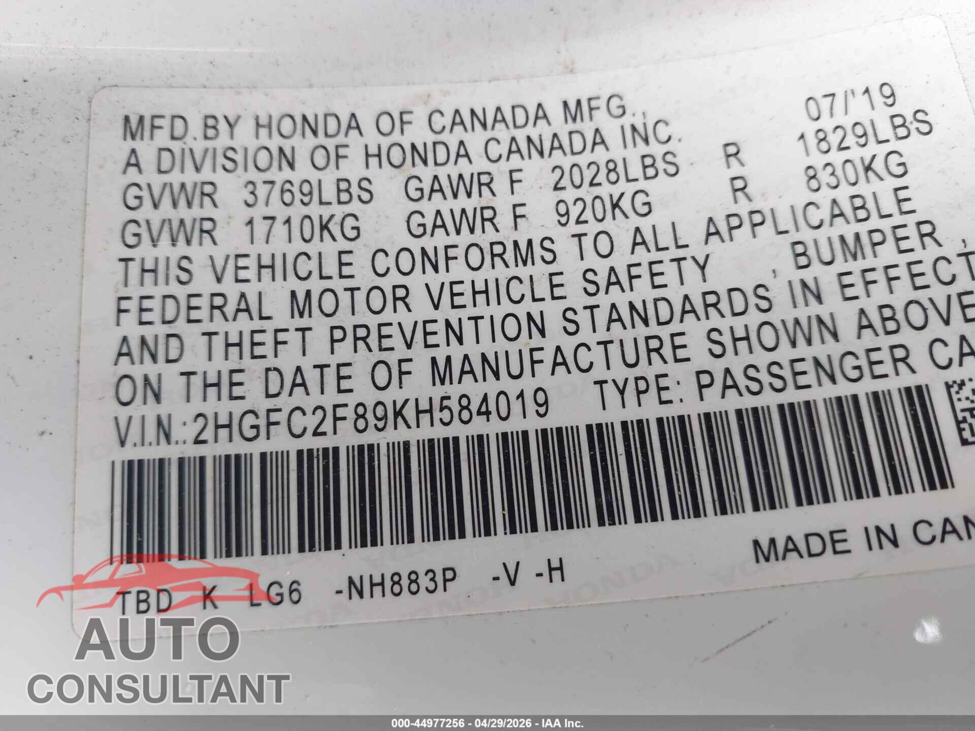 HONDA CIVIC 2019 - 2HGFC2F89KH584019