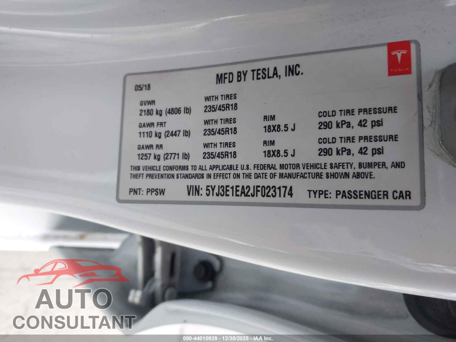 TESLA MODEL 3 2018 - 5YJ3E1EA6JF023114
