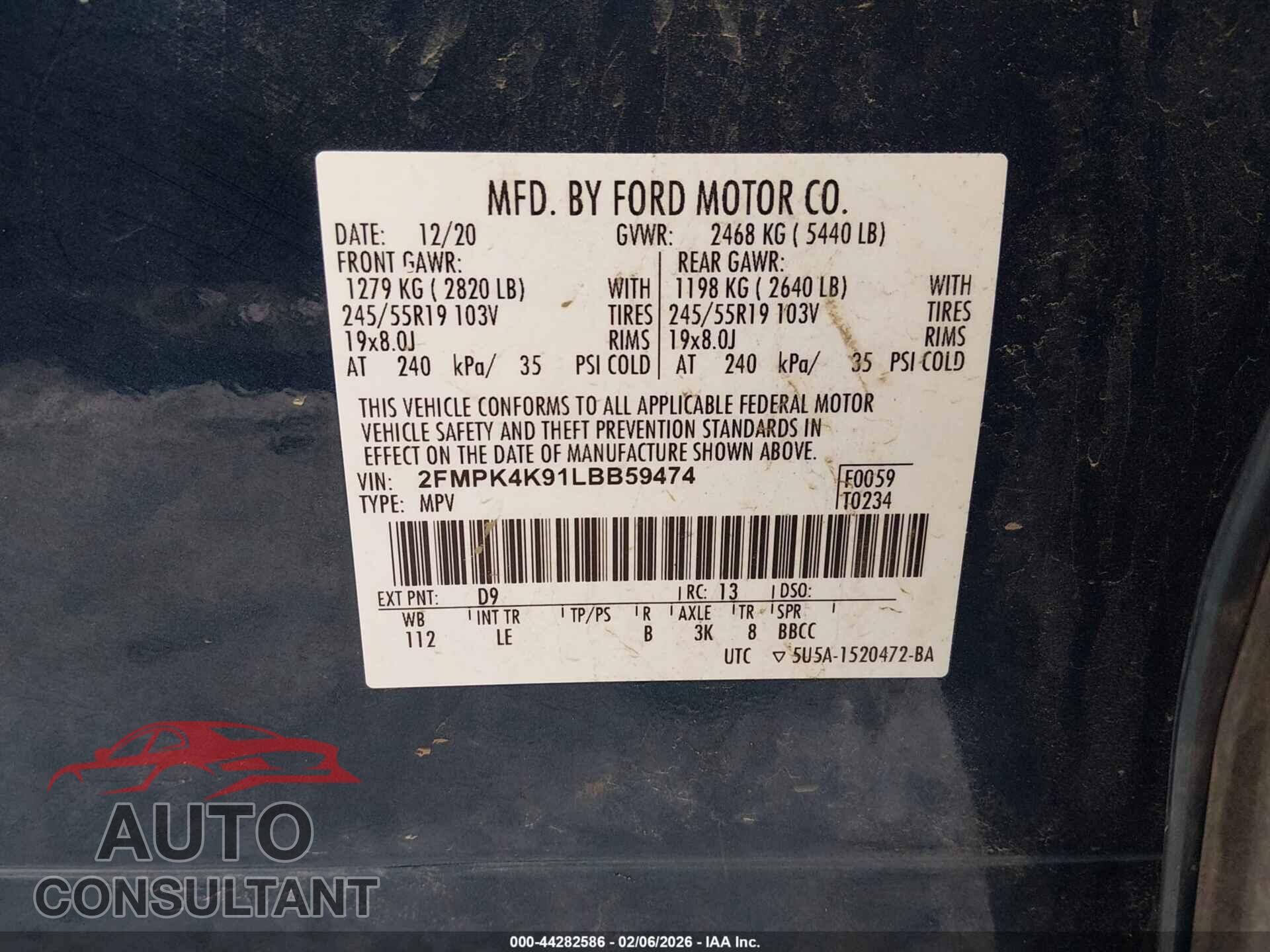 FORD EDGE 2020 - 2FMPK4K91LBB59474