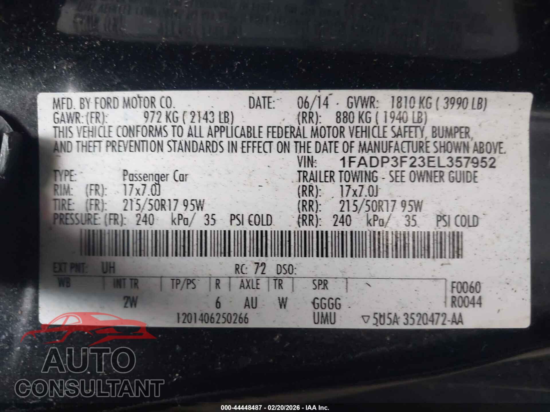FORD FOCUS 2014 - 1FADP3F23EL357952