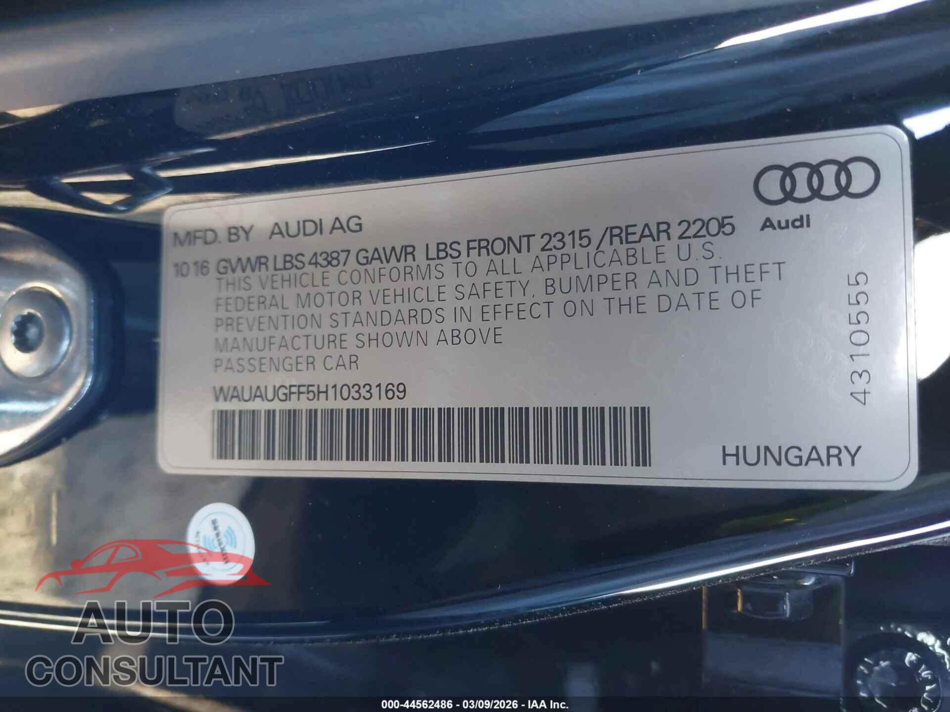 AUDI A3 2017 - WAUAUGFF5H1033169