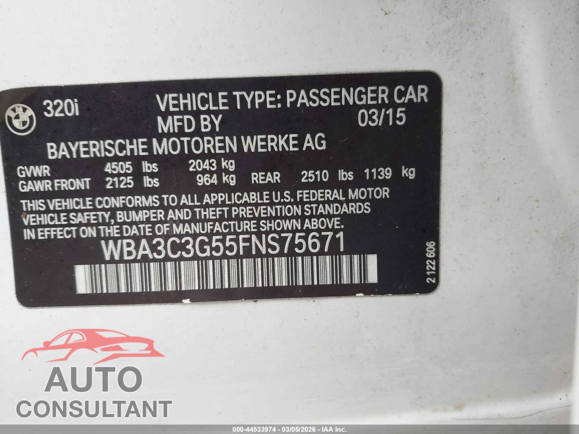 BMW 320I 2015 - WBA3C3G55FNS75671