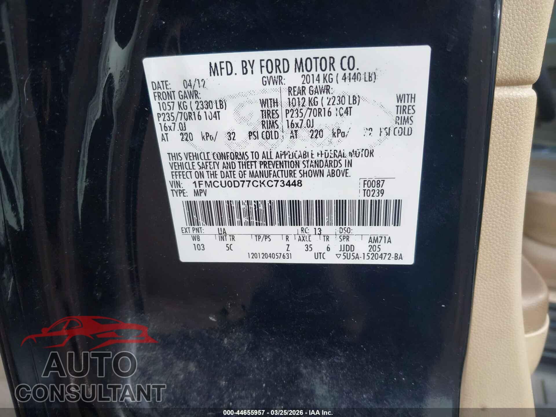 FORD ESCAPE 2012 - 1FMCU0D77CKC73448