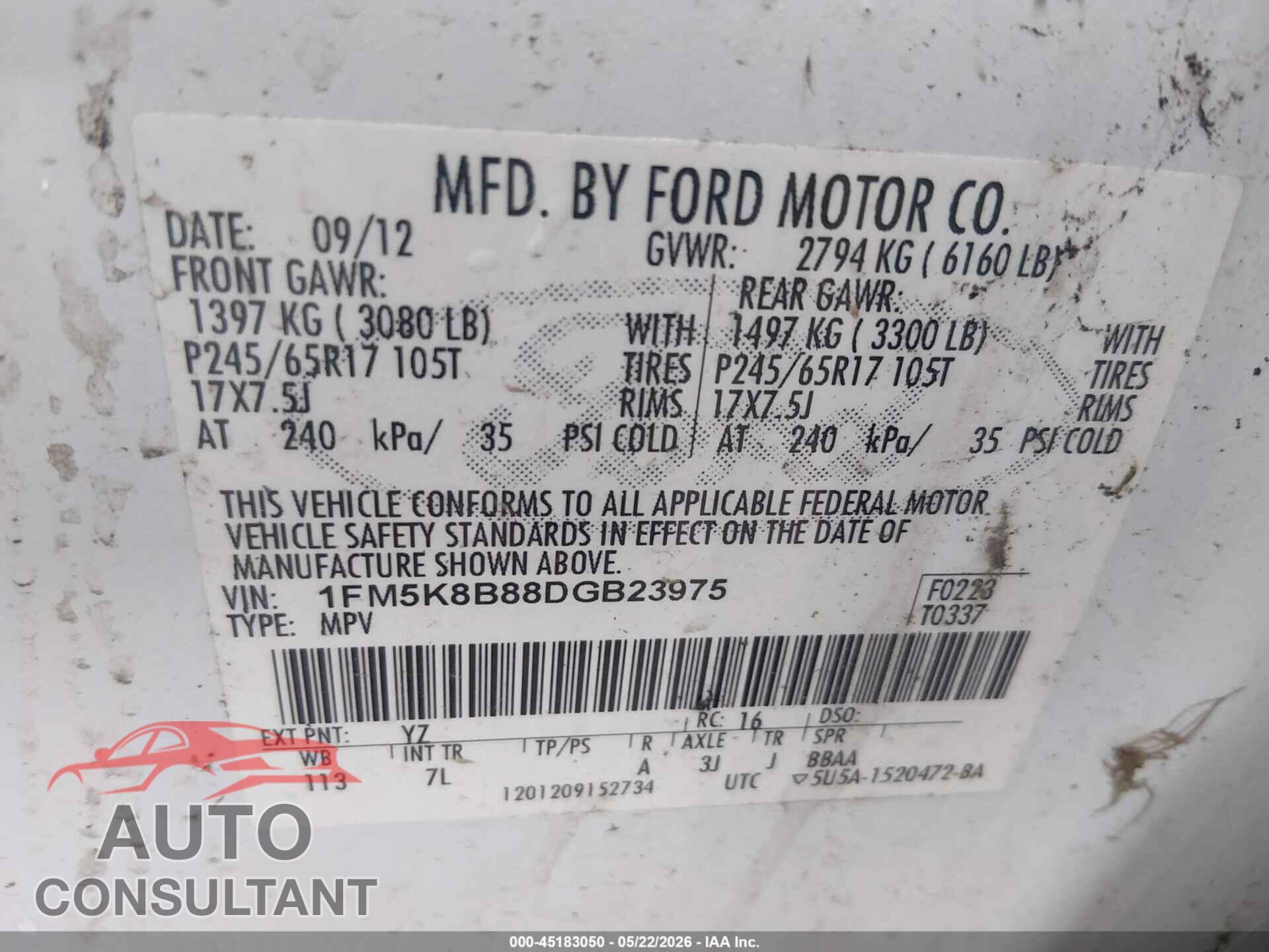 FORD EXPLORER 2013 - 1FM5K8B88DGB23975