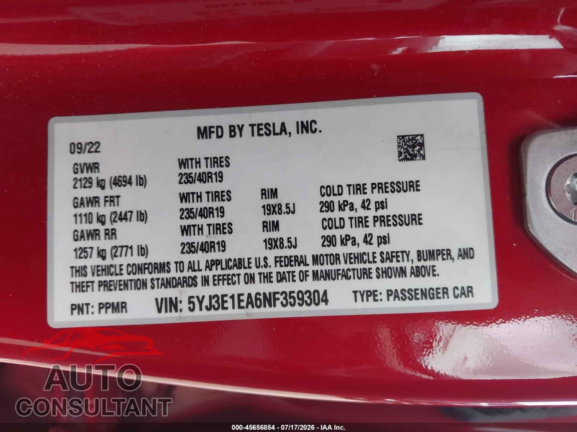 TESLA MODEL 3 2022 - 5YJ3E1EA6NF359304