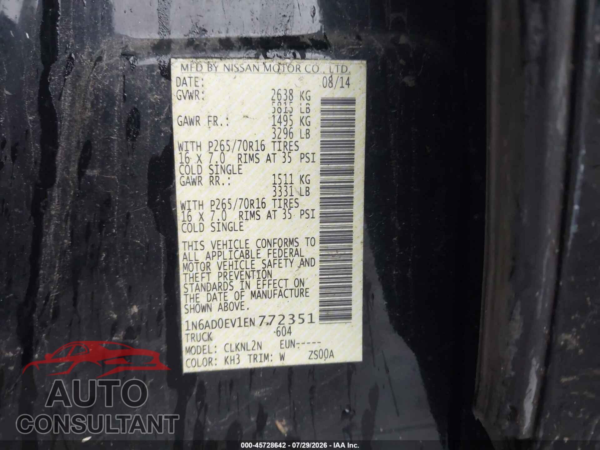 NISSAN FRONTIER 2014 - 1N6AD0EV1EN772351