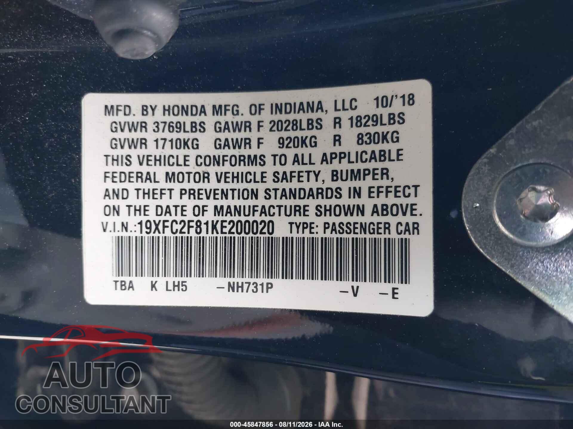 HONDA CIVIC 2019 - 19XFC2F81KE200020